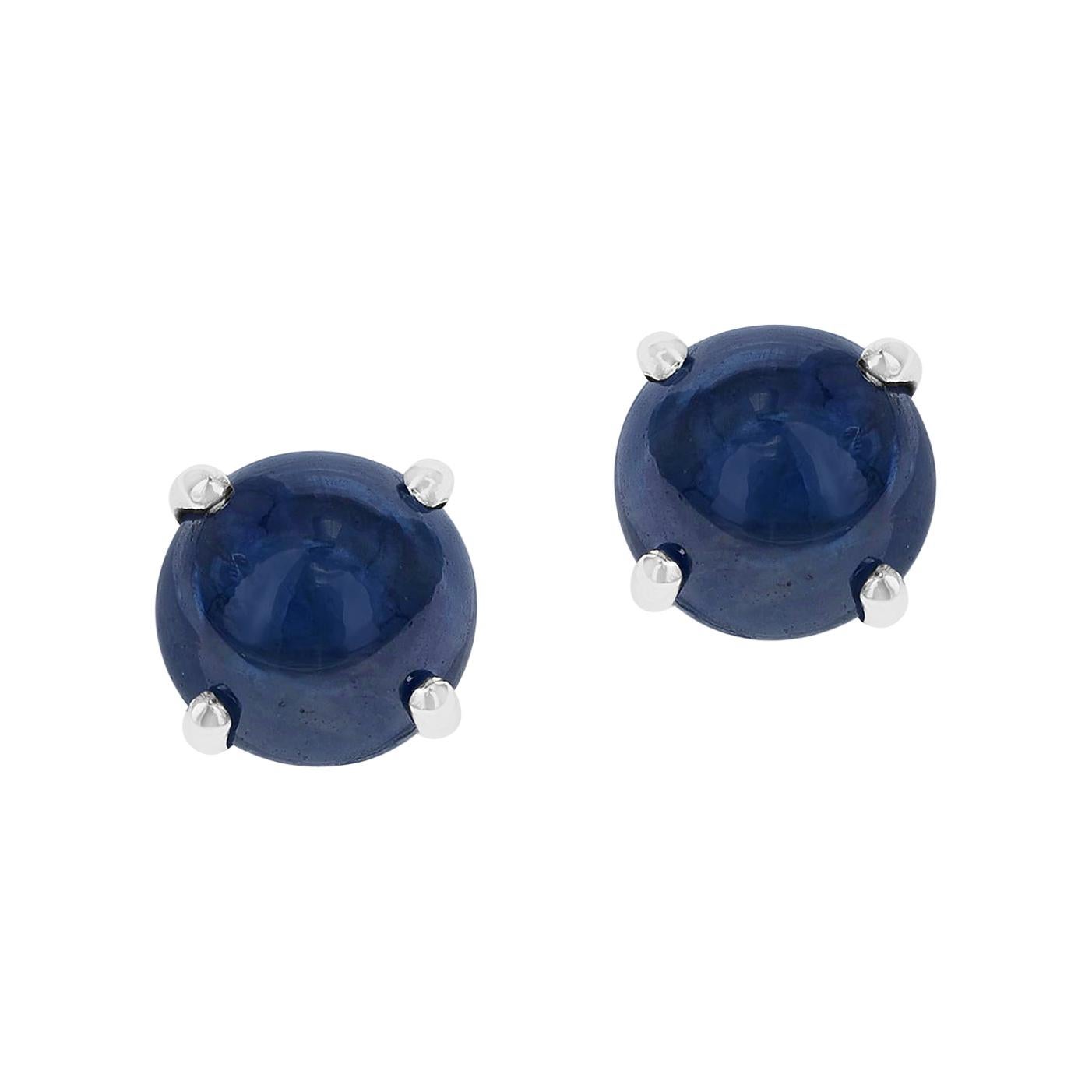 Blue Sapphire Round Cabochon Stud Earrings Made in 14 Karat White Gold
