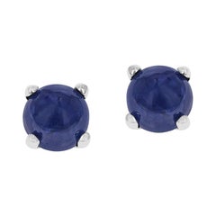 Blue Sapphire Round Cabochon Stud Earrings Made in 14k White Gold