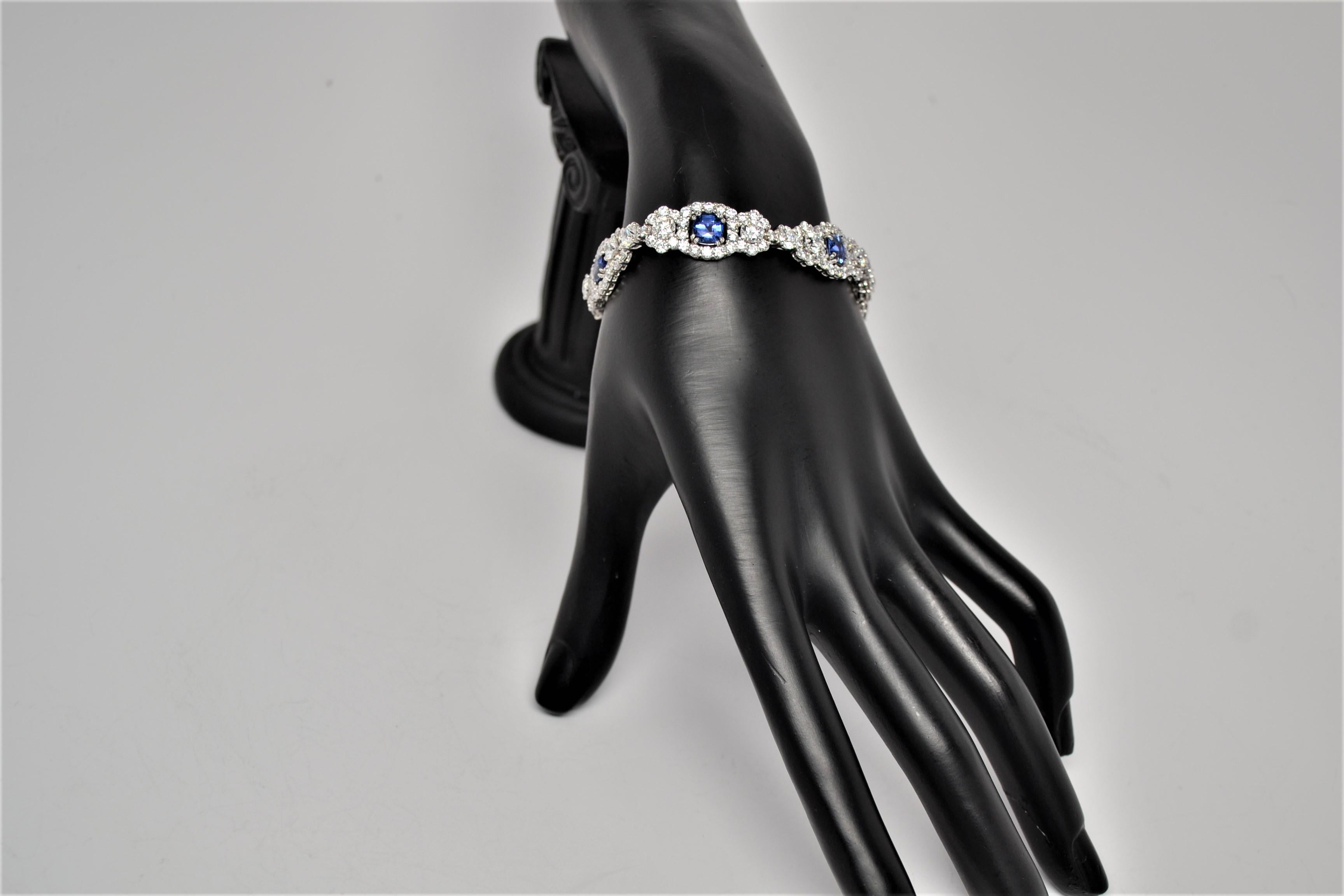 Blue Sapphire & Round Cut Diamond Bracelet Set in 18K White Gold, 19.01 Carats For Sale 5