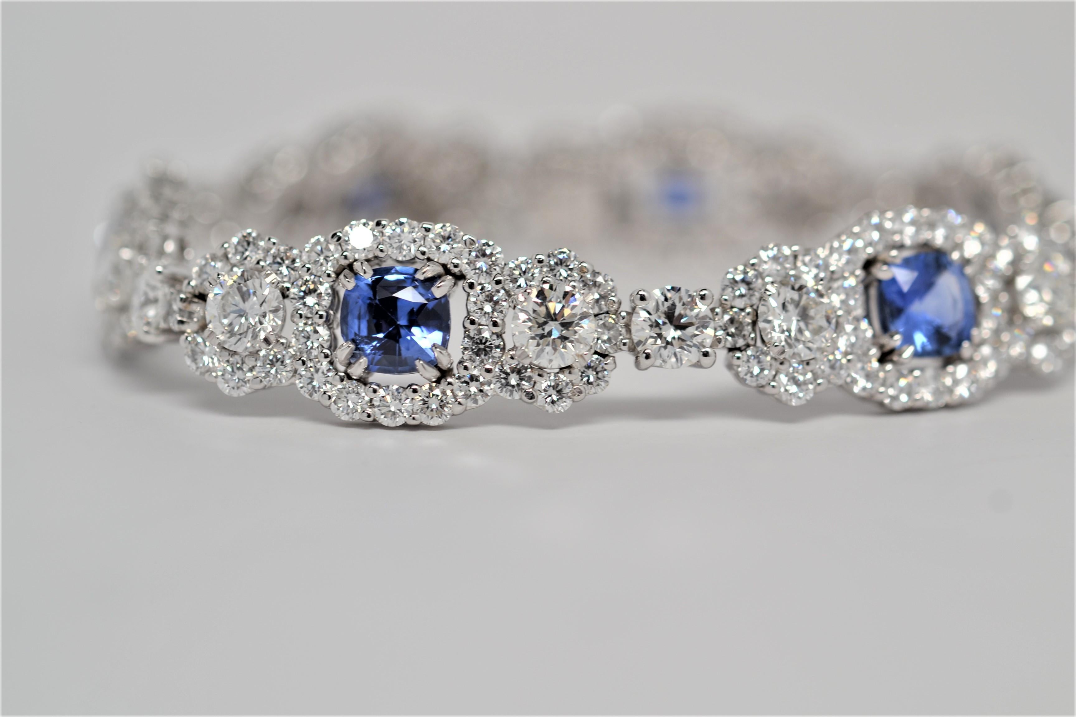 Blue Sapphire & Round Cut Diamond Bracelet Set in 18K White Gold, 19.01 Carats In New Condition For Sale In New York, NY