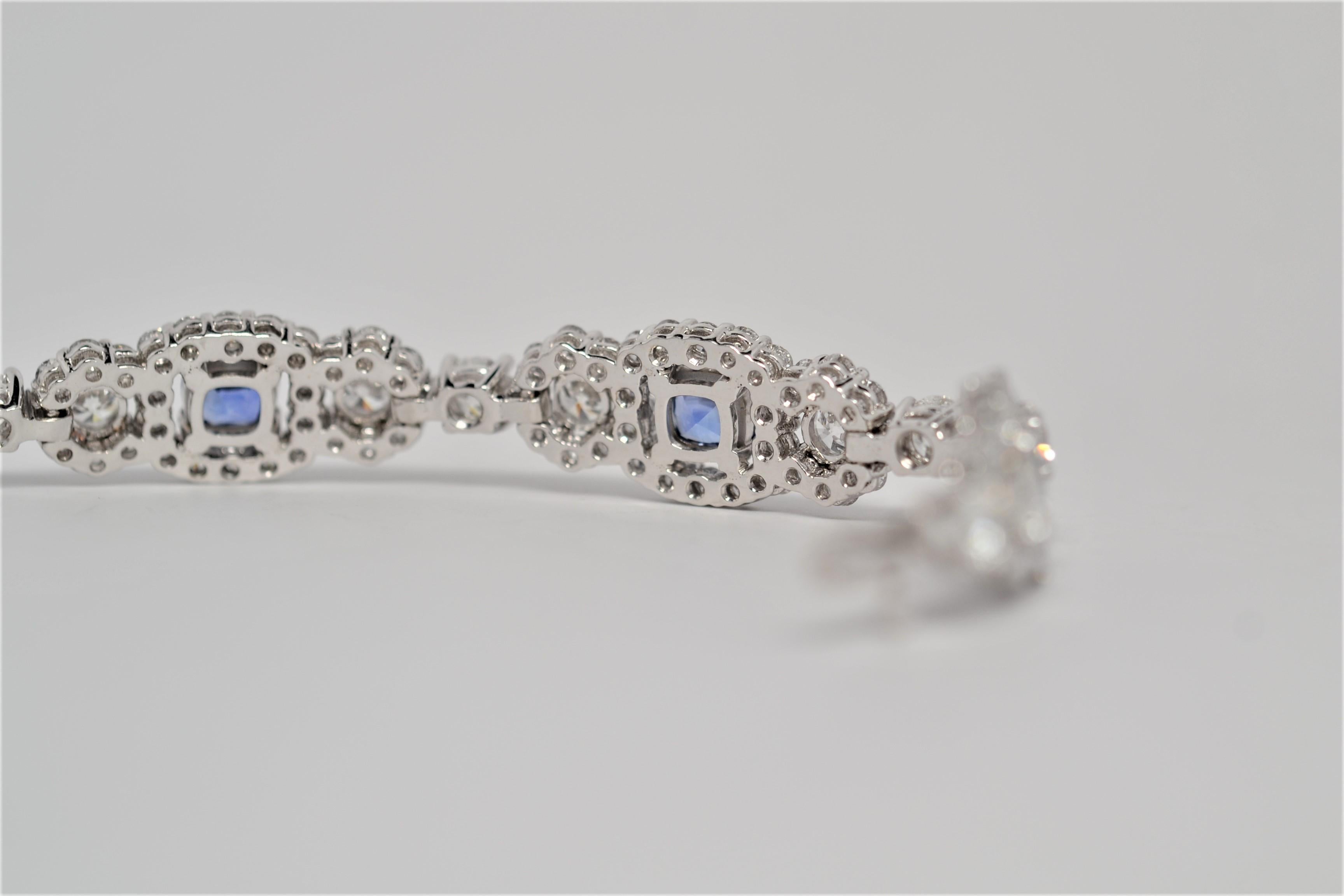 Women's Blue Sapphire & Round Cut Diamond Bracelet Set in 18K White Gold, 19.01 Carats For Sale