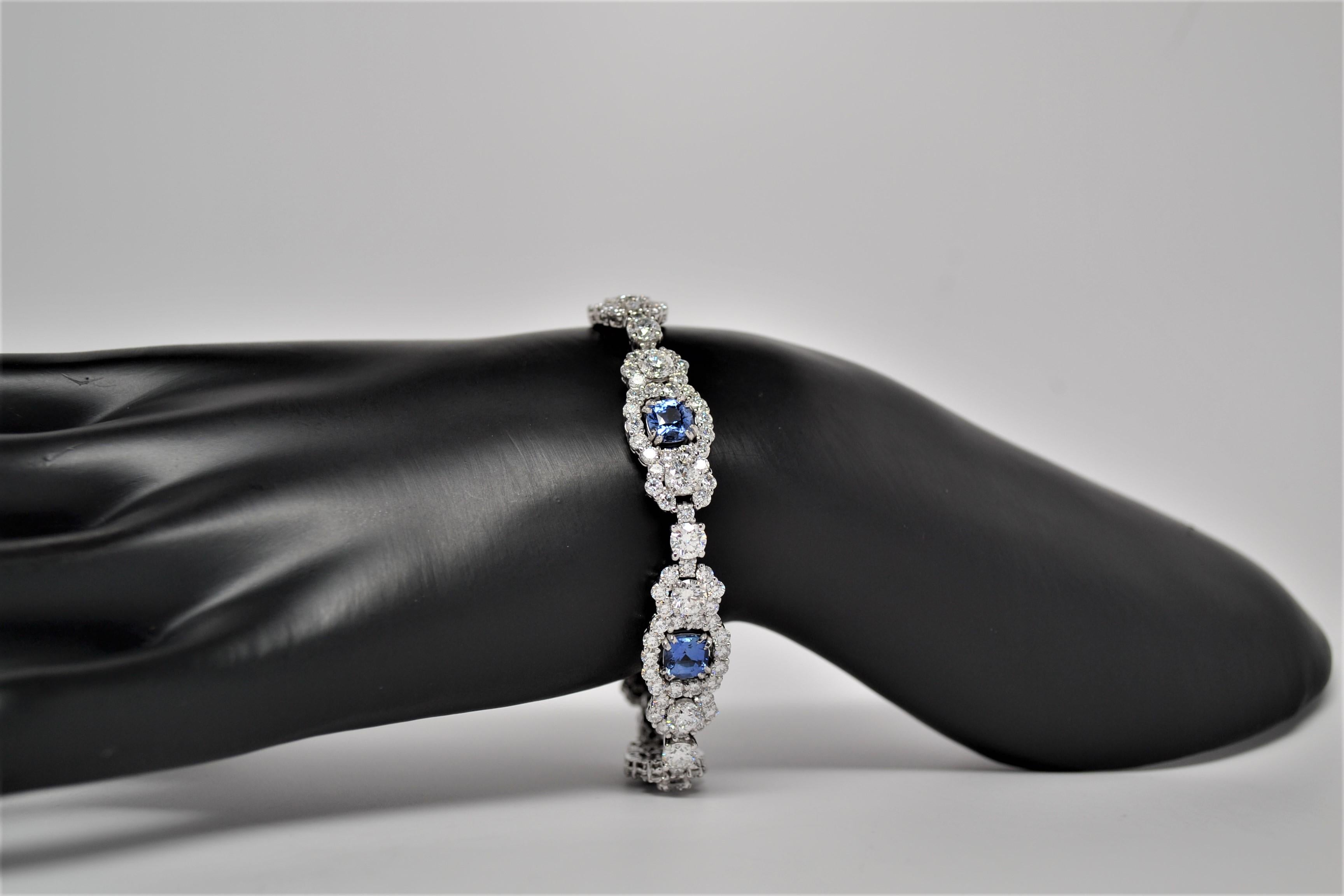 Blue Sapphire & Round Cut Diamond Bracelet Set in 18K White Gold, 19.01 Carats For Sale 3