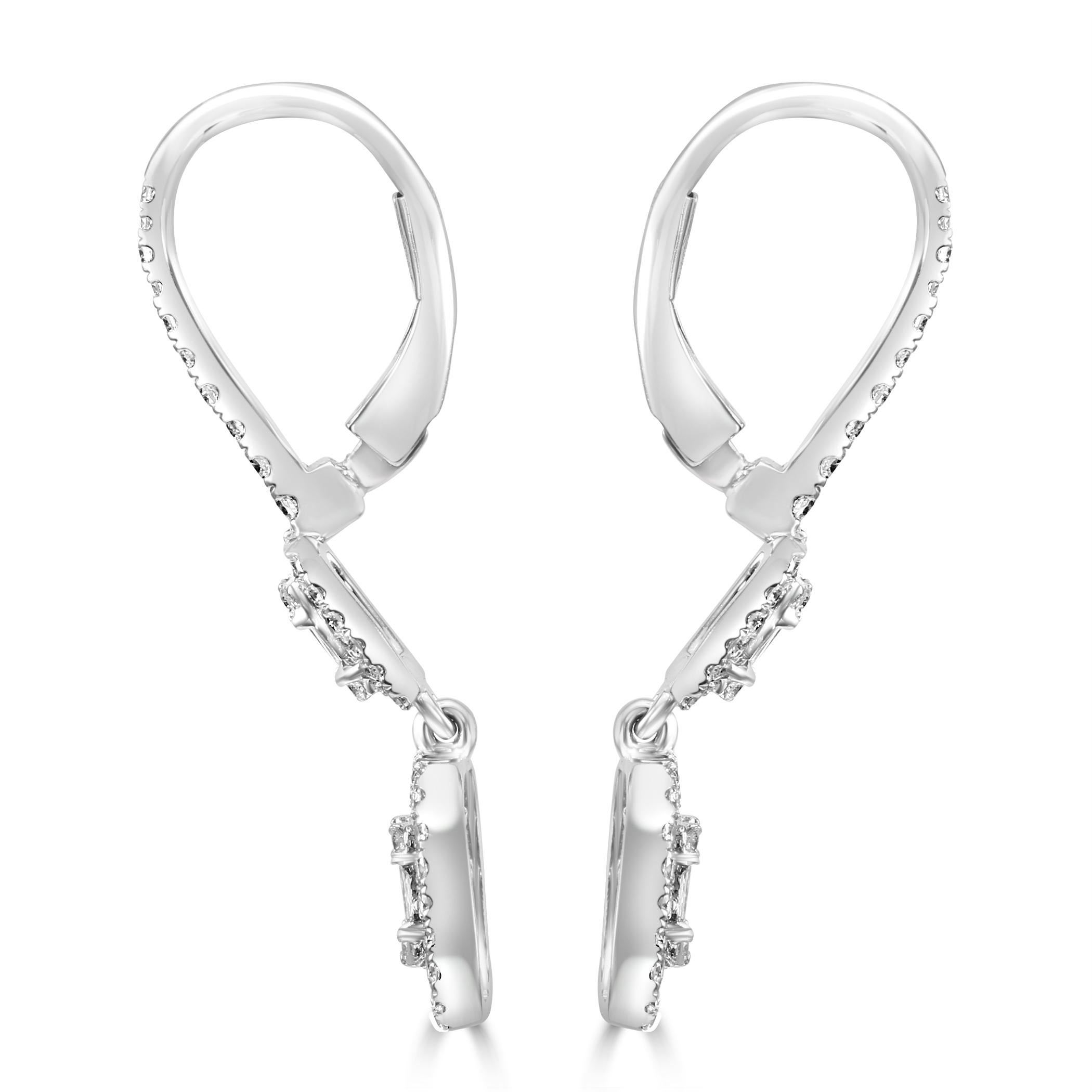 Modern Blue Sapphire Round & Diamond Baguette 18 Karat White Gold Fashion Drop Earrings For Sale