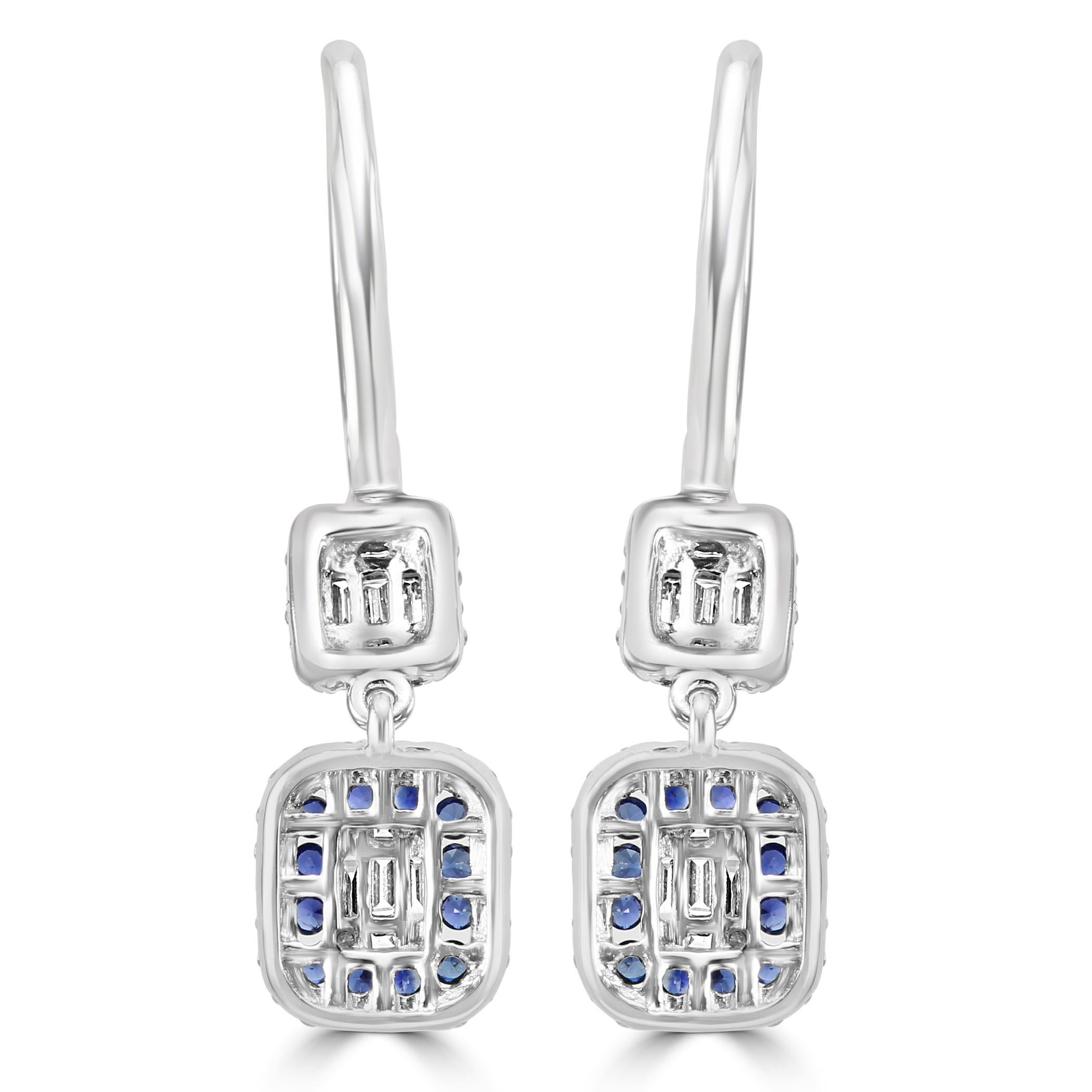 Baguette Cut Blue Sapphire Round & Diamond Baguette 18 Karat White Gold Fashion Drop Earrings For Sale
