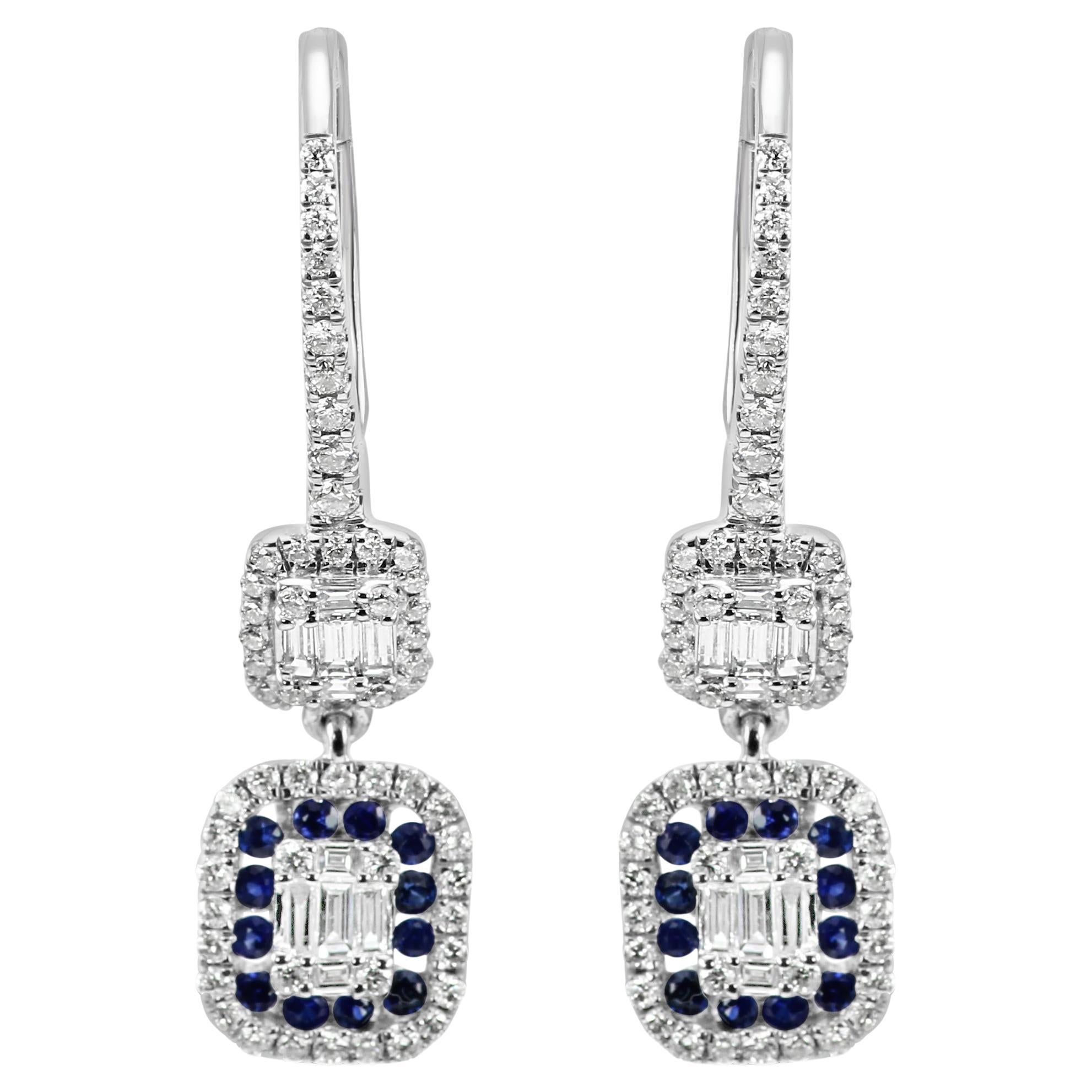 Blue Sapphire Round & Diamond Baguette 18 Karat White Gold Fashion Drop Earrings For Sale