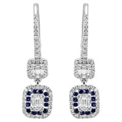Blue Sapphire Round & Diamond Baguette 18 Karat White Gold Fashion Drop Earrings