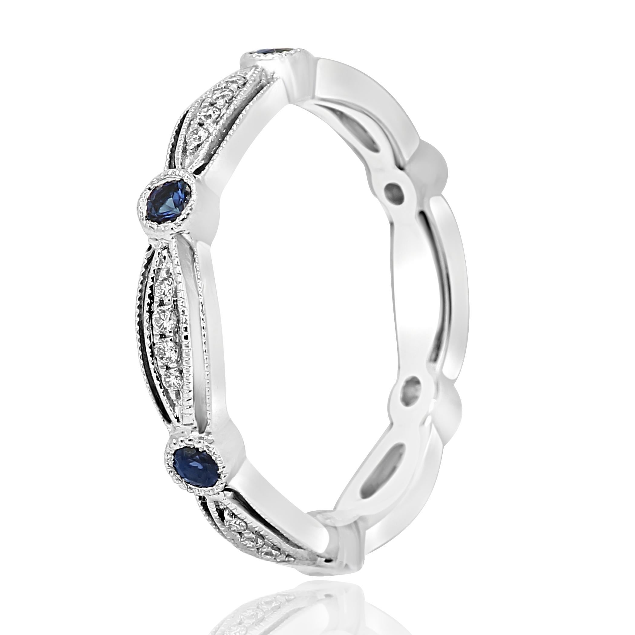 Contemporary Blue Sapphire Round Diamond Fashion Cocktail Filigree Gold Eternity Band Ring