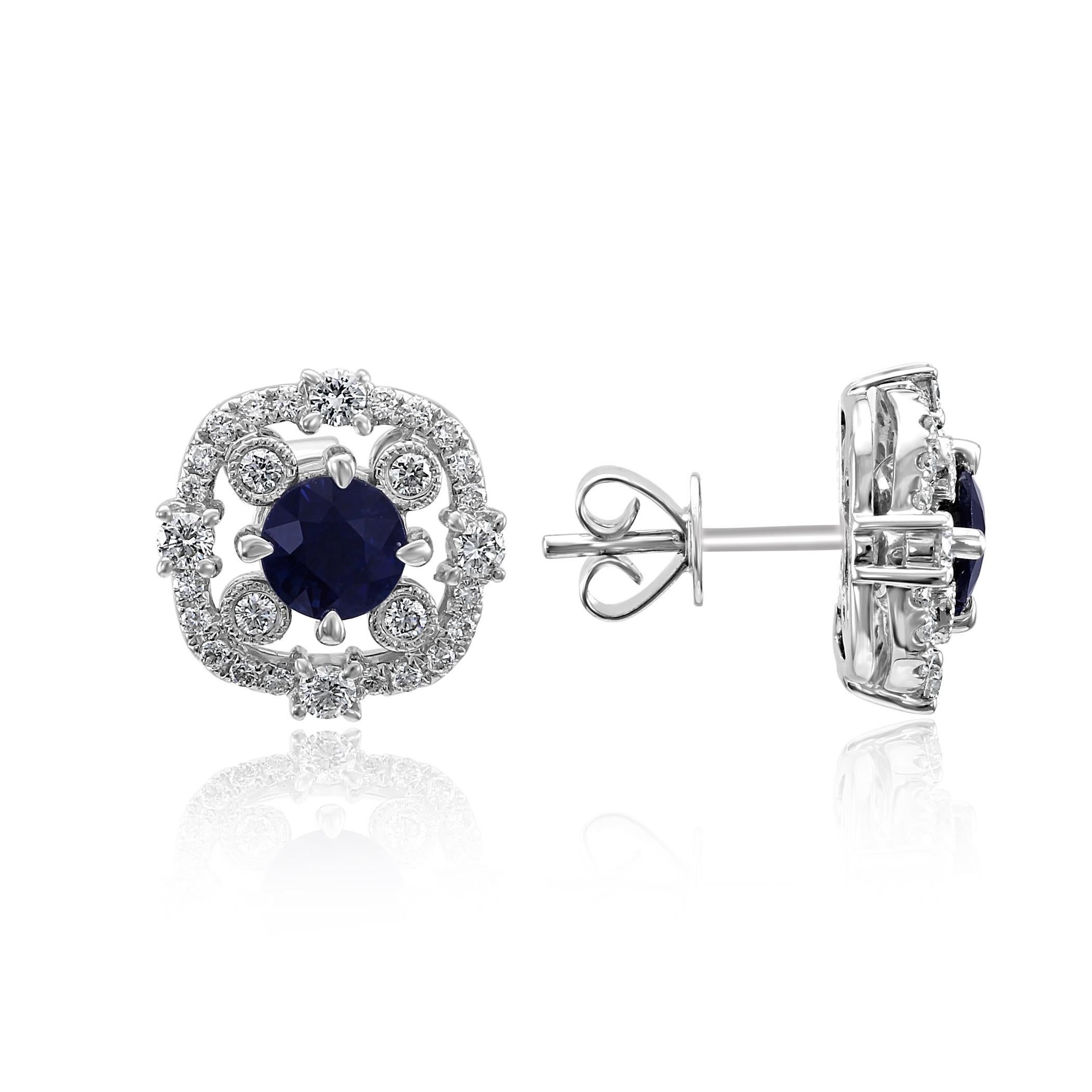 Contemporary Blue Sapphire Round Diamond Halo 14k White Gold Screw Back Fashion Stud Earrings