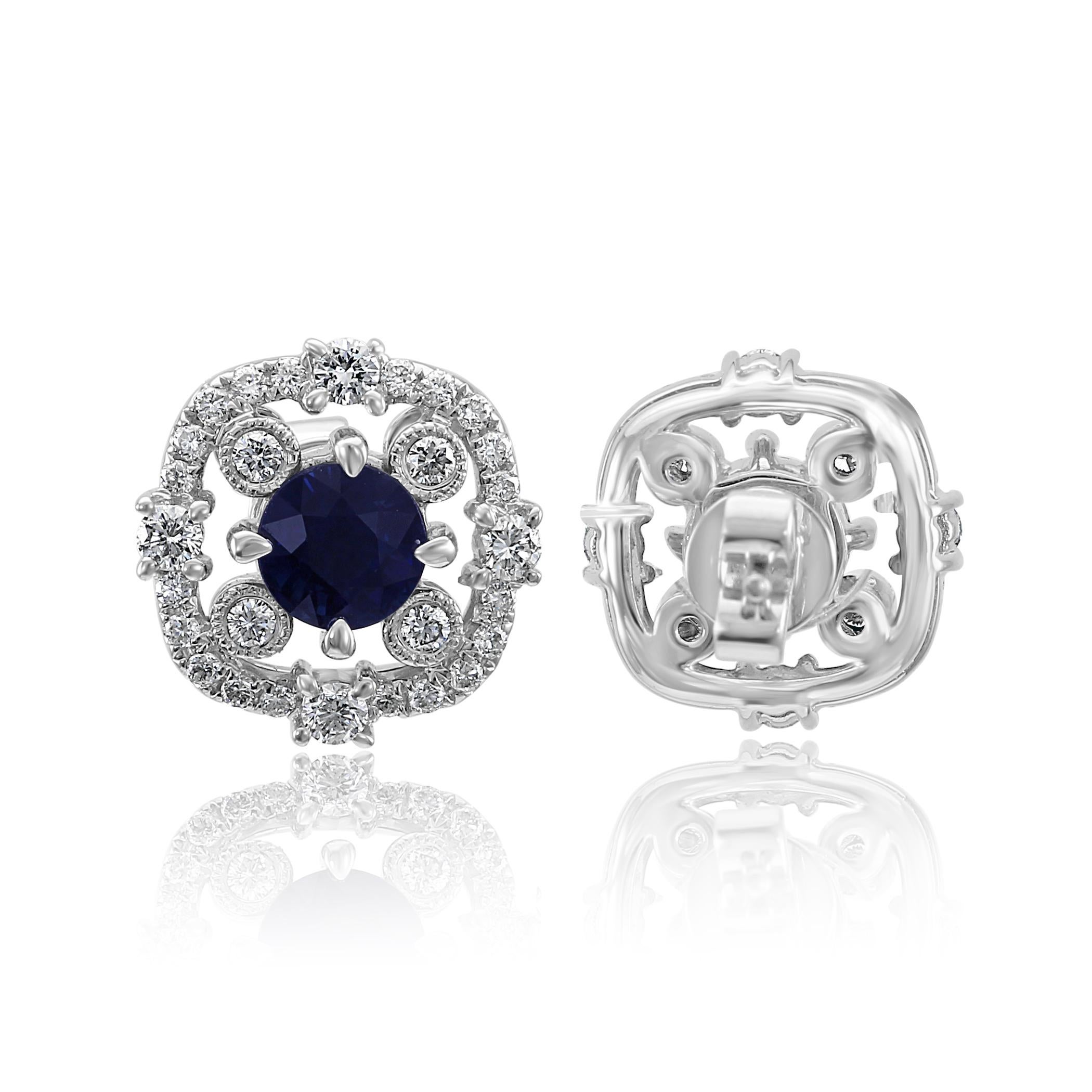 Round Cut Blue Sapphire Round Diamond Halo 14k White Gold Screw Back Fashion Stud Earrings