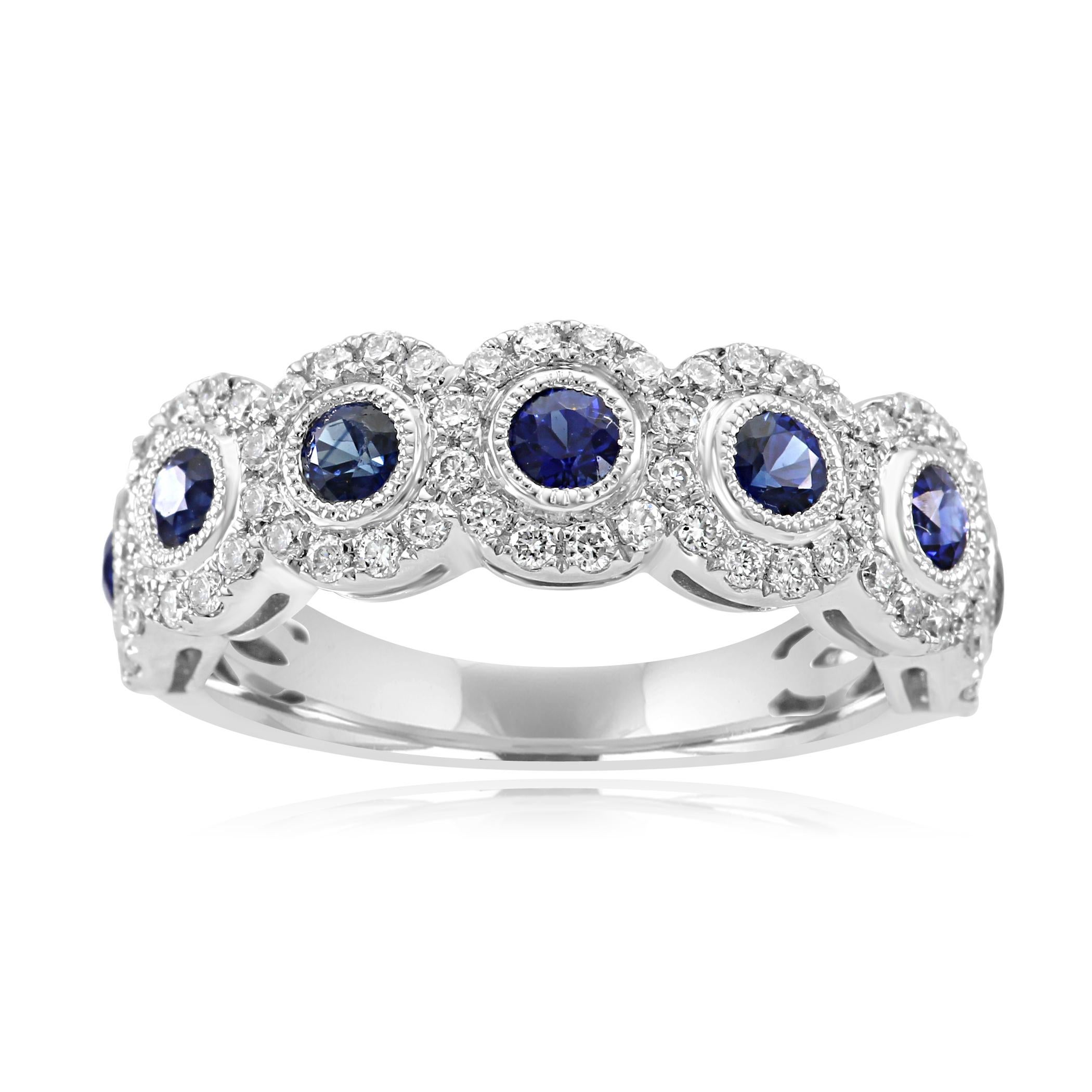 7 Fine Quality Blue Sapphire Round 1.00 Carat Encircled in a Single Halo of White G-H Color SI Clarity Diamond Round 0.50 Carat in Stunning 14K White Gold Filigree Work Fashion Cocktail Band Ring.

Total Stone Weight 1.50 Carat

Style available in