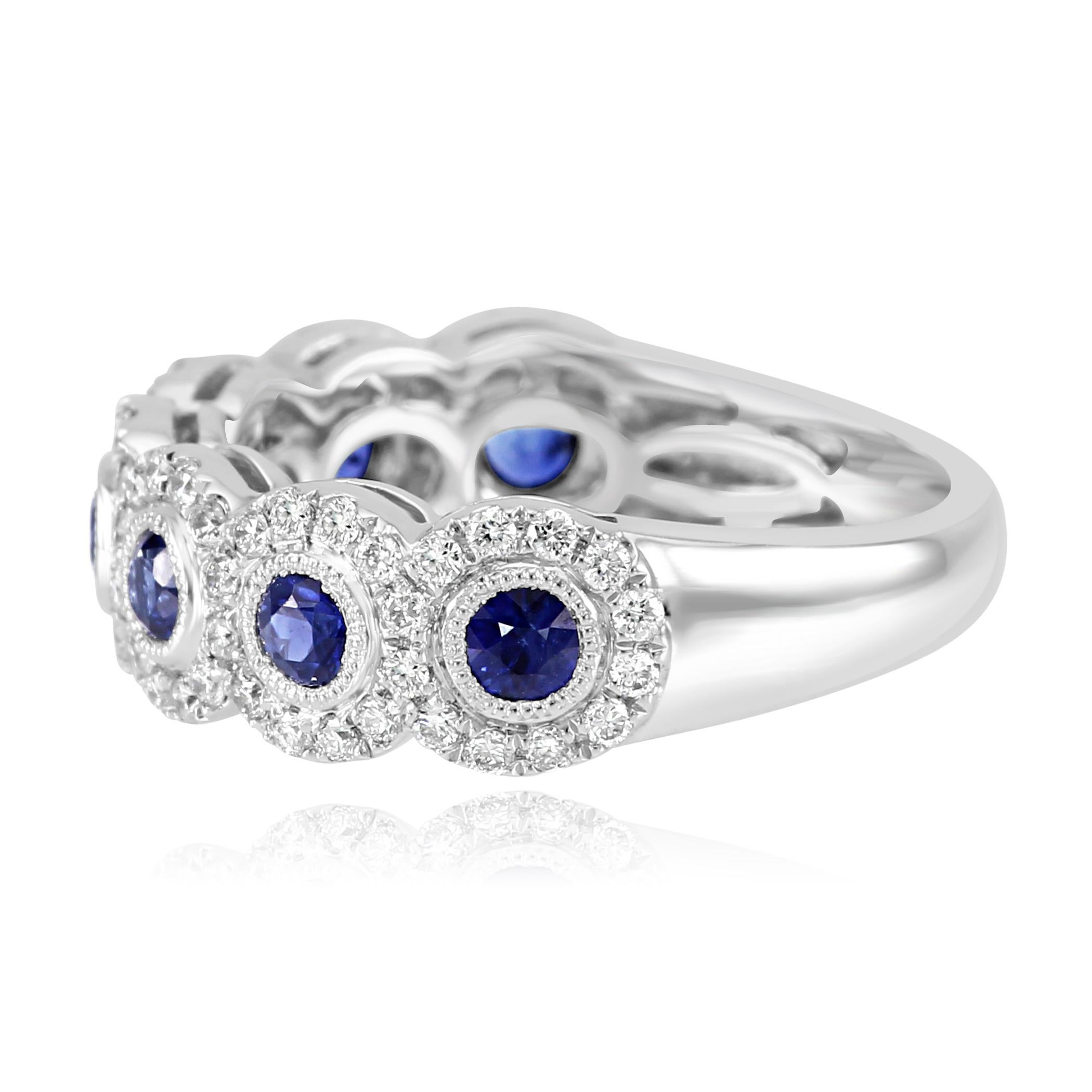 Modern Blue Sapphire Round Diamond Halo 7Stone Fashion Cocktail Filigree Gold Band Ring