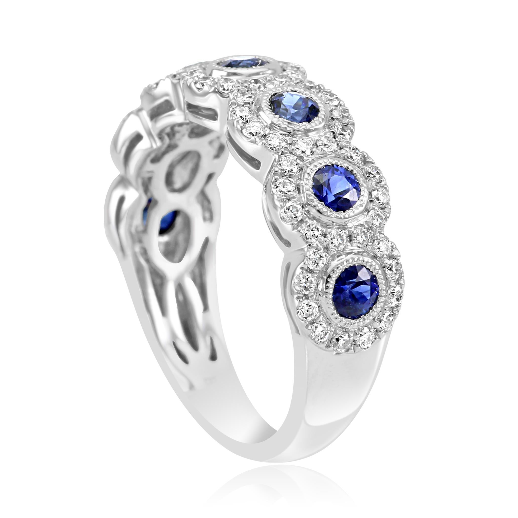 Round Cut Blue Sapphire Round Diamond Halo 7Stone Fashion Cocktail Filigree Gold Band Ring