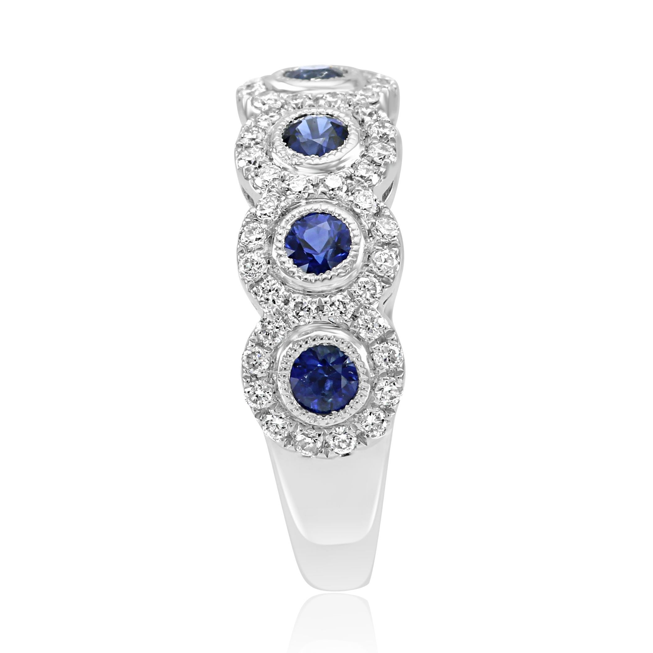 Blue Sapphire Round Diamond Halo 7Stone Fashion Cocktail Filigree Gold Band Ring In New Condition In NEW YORK, NY