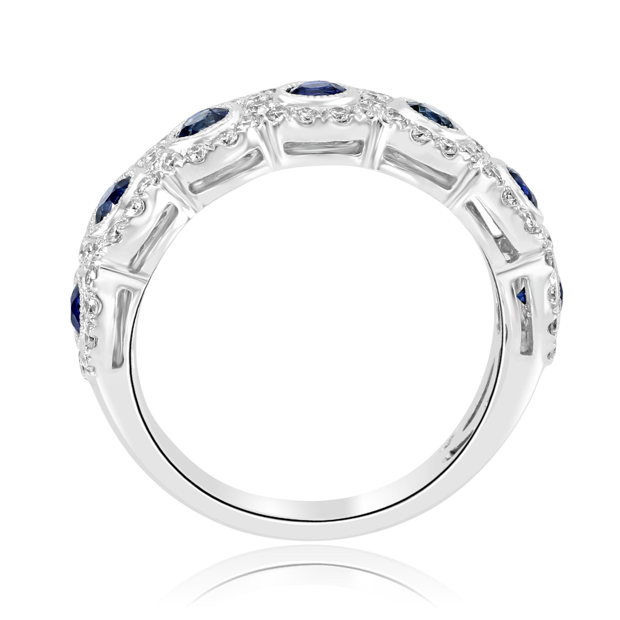 Women's or Men's Blue Sapphire Round Diamond Halo 7Stone Fashion Cocktail Filigree Gold Band Ring