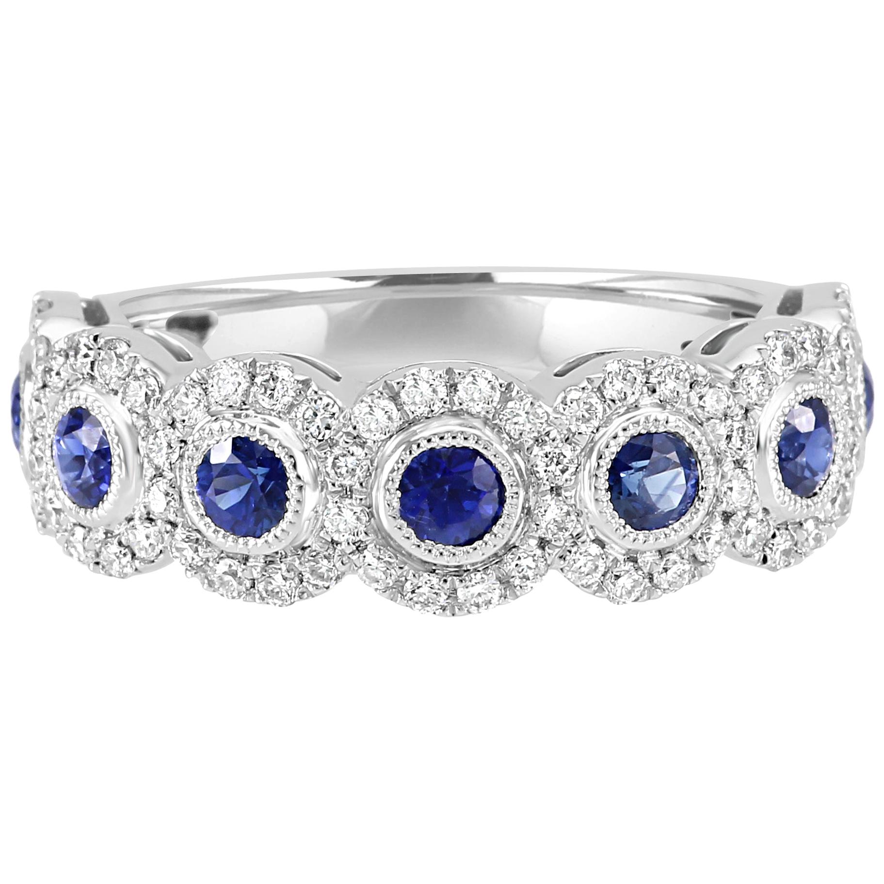 Blue Sapphire Round Diamond Halo 7Stone Fashion Cocktail Filigree Gold Band Ring