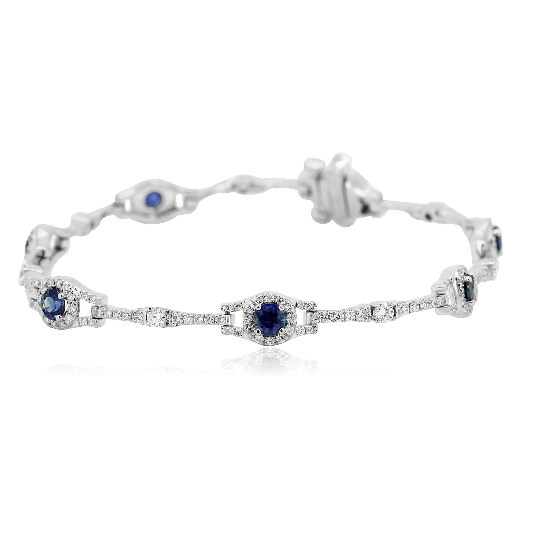 Gorgeous Blue Sapphire Rounds 1.55 Carat Encircled in Halo of White Round Diamonds 1.52 Carat in Stunning 14K White Gold Everyday Wear Bracelet.

Style available in different price ranges. Prices are based on your selection of 4C's Cut, Color,