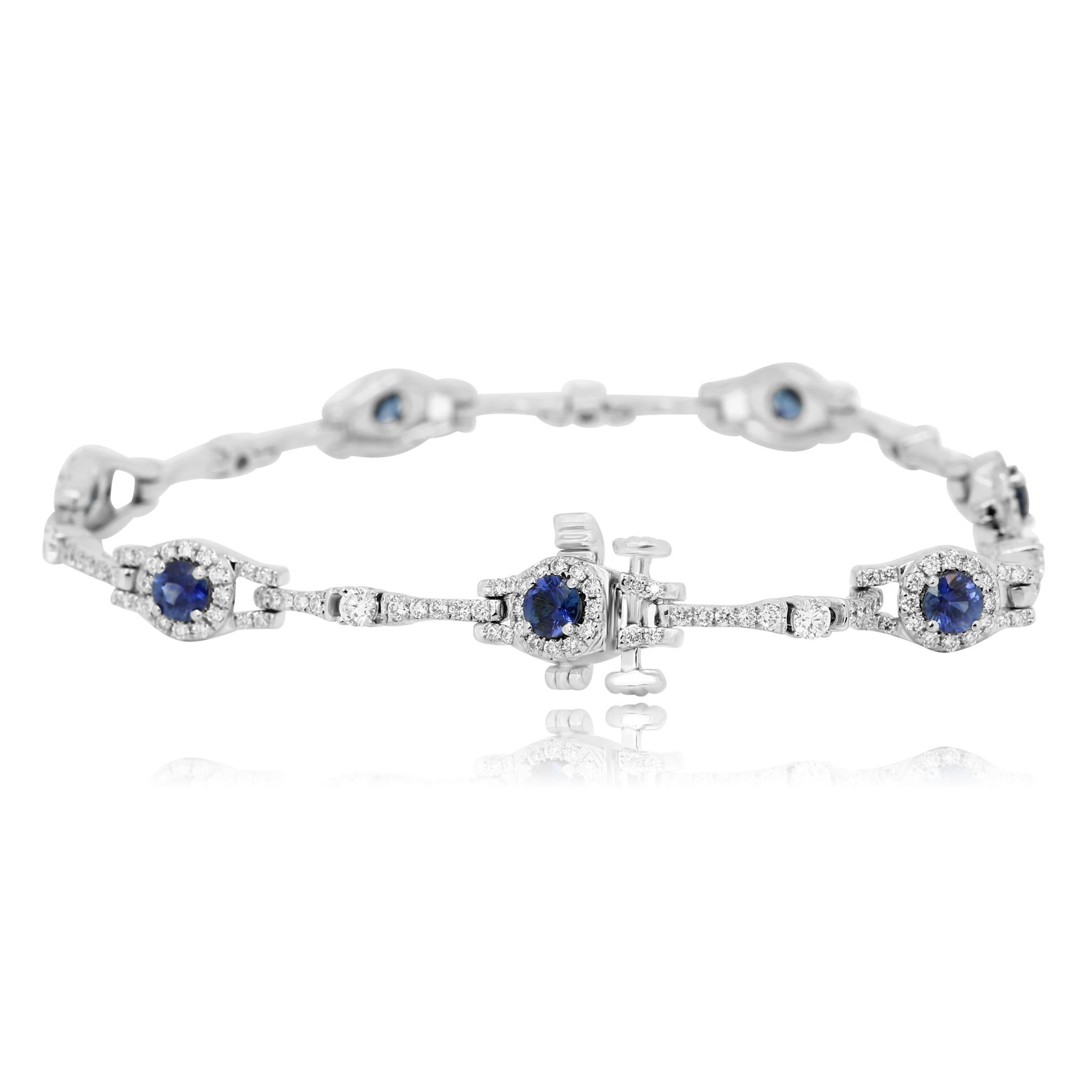 Contemporary Blue Sapphire Round Diamond Halo Gold Bracelet