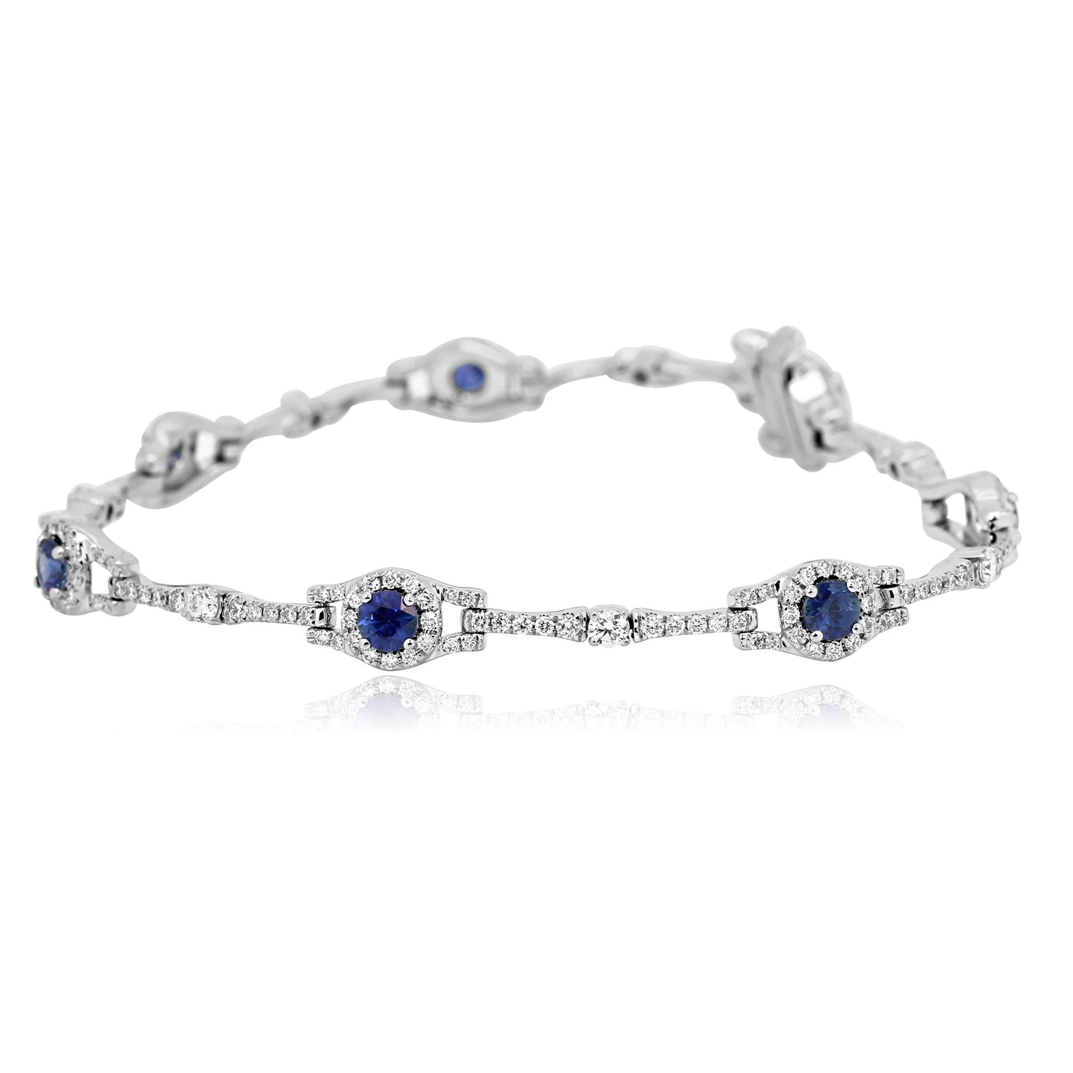 Round Cut Blue Sapphire Round Diamond Halo Gold Bracelet