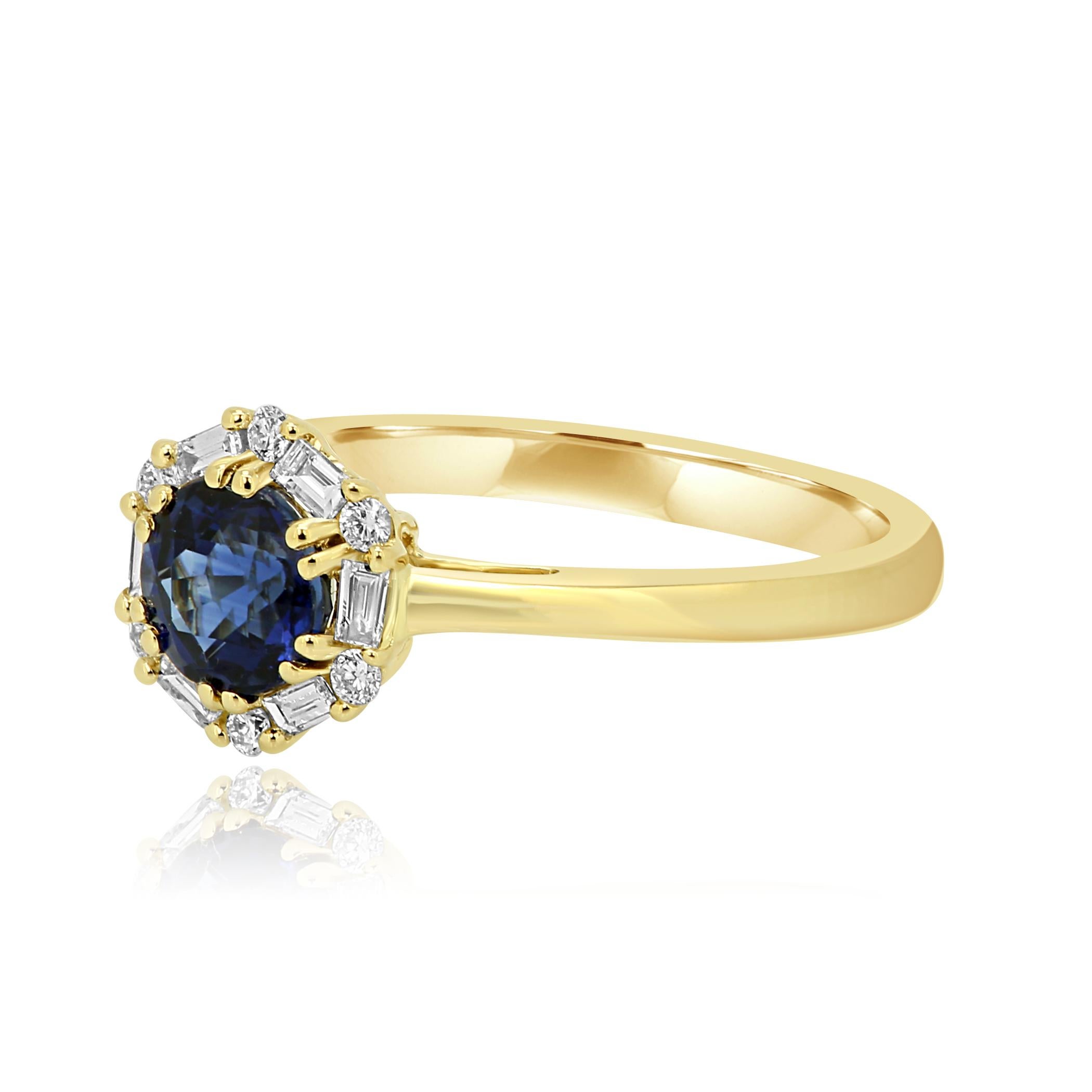 Blue Sapphire Round 1.00 Carat Encircled in a single Halo of Colorless Round Brilliant VS-SI Clarity 0.07 Carat and Colorless Diamond Baguettes VS Clarity 0.13 Carat. In 14K Yellow Gold Bridal Cocktail Ring.

Style available in different price