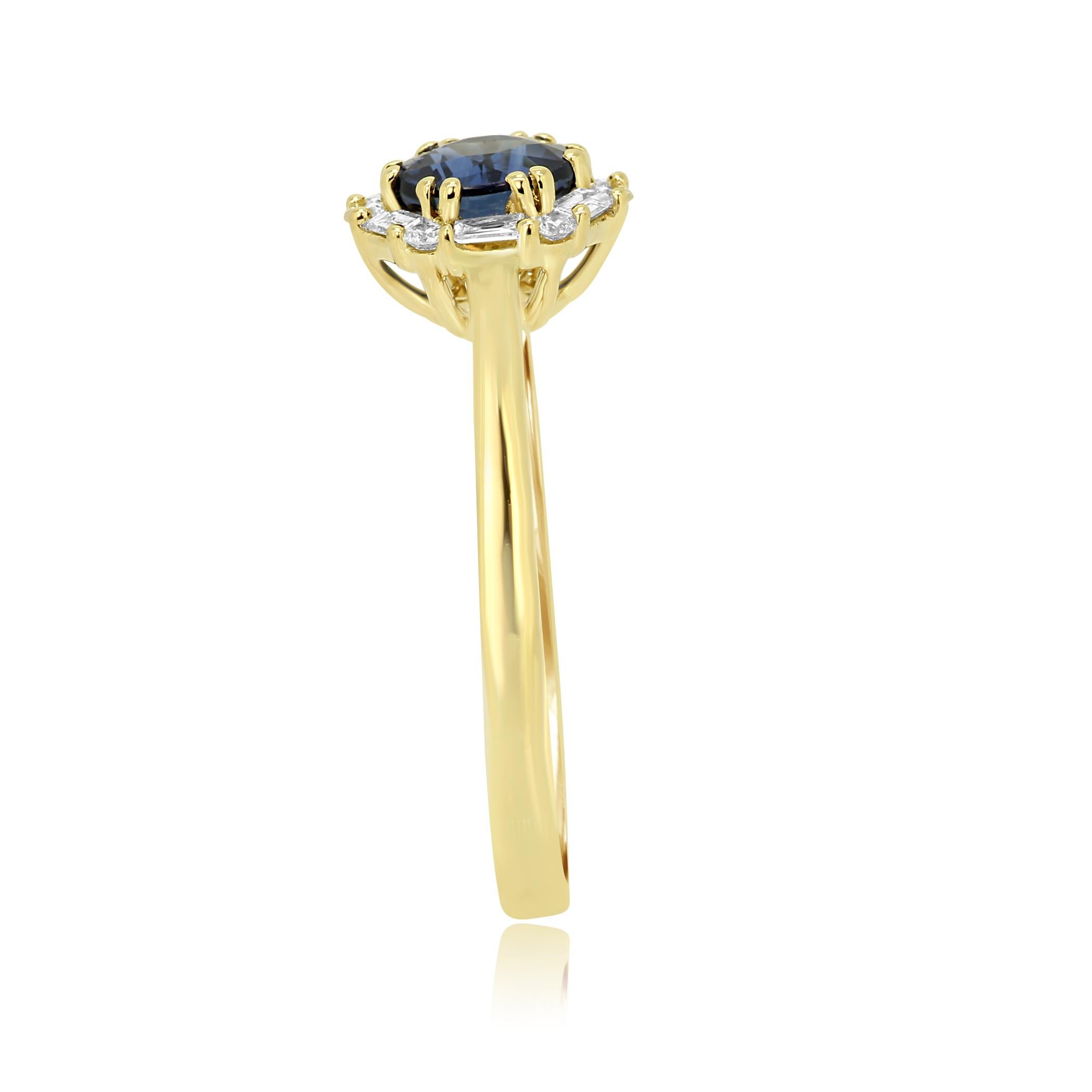 Blue Sapphire Round Diamond Halo Gold Bridal Cocktail Ring In New Condition In NEW YORK, NY