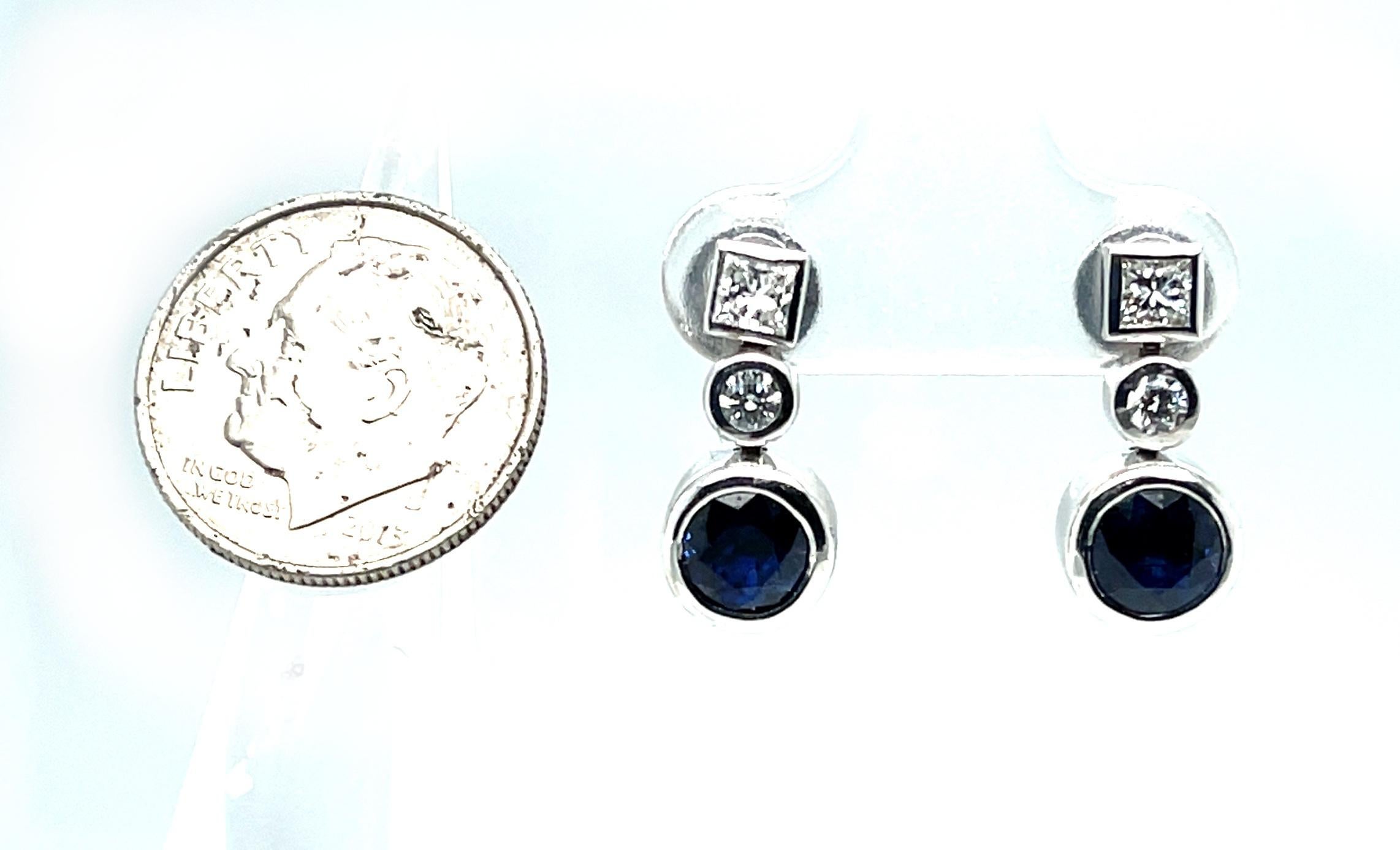 Artisan Blue Sapphire and Diamond Drop Earrings in 18K White Gold Bezels  For Sale