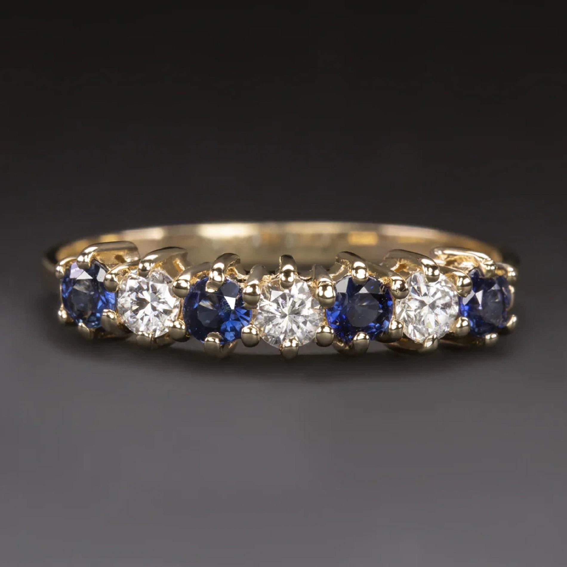 This diamond and sapphire ring offers rich color and bright sparkle! It is a great choice for a wedding band or a stand alone piece.

Highlights:

- 0.25ct of bright white and completely eye clean diamonds

- Royal blue sapphires

- Buttery 14k