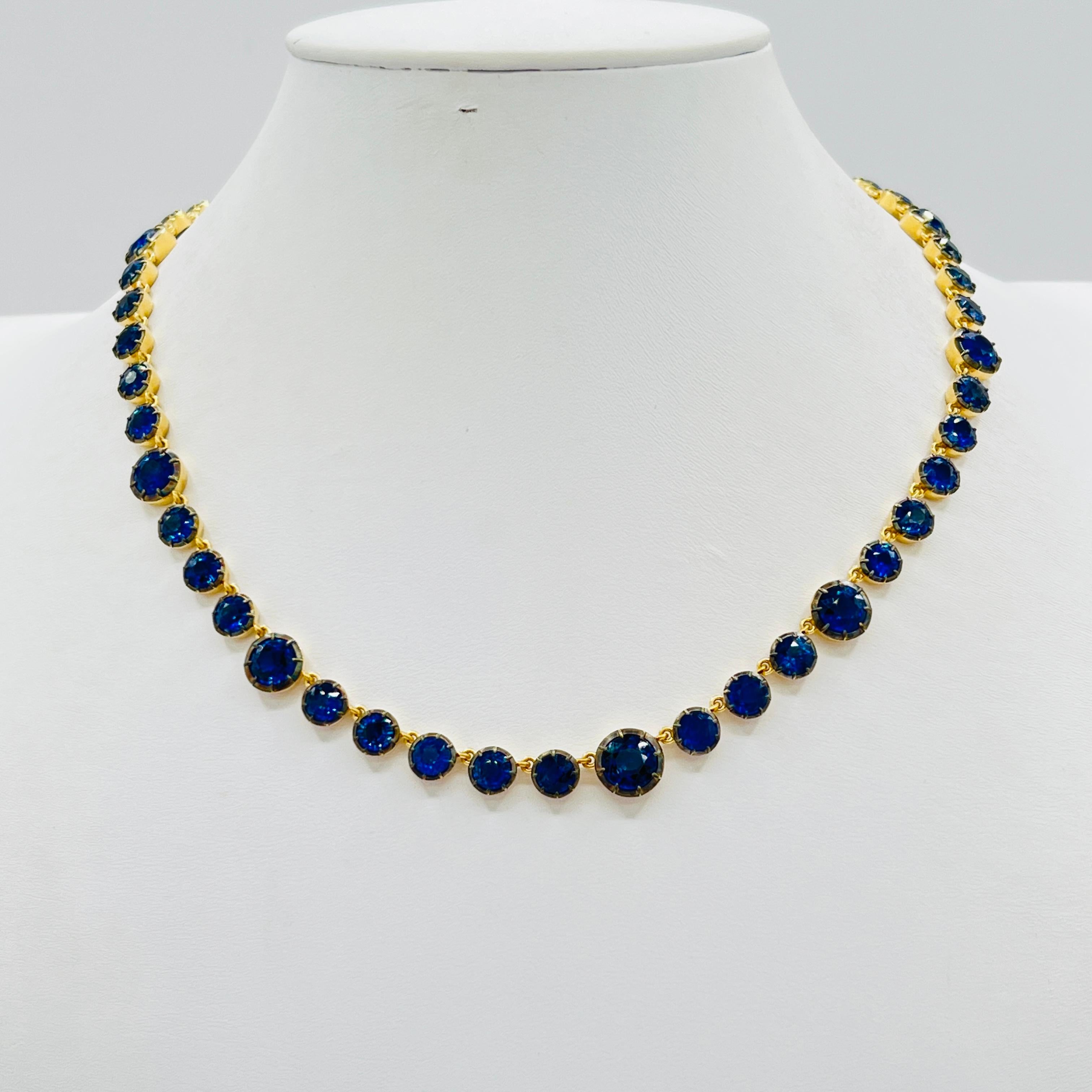 Women's or Men's Blue Sapphire Round Necklace in 18K Yellow Gold & Black Rhodium For Sale