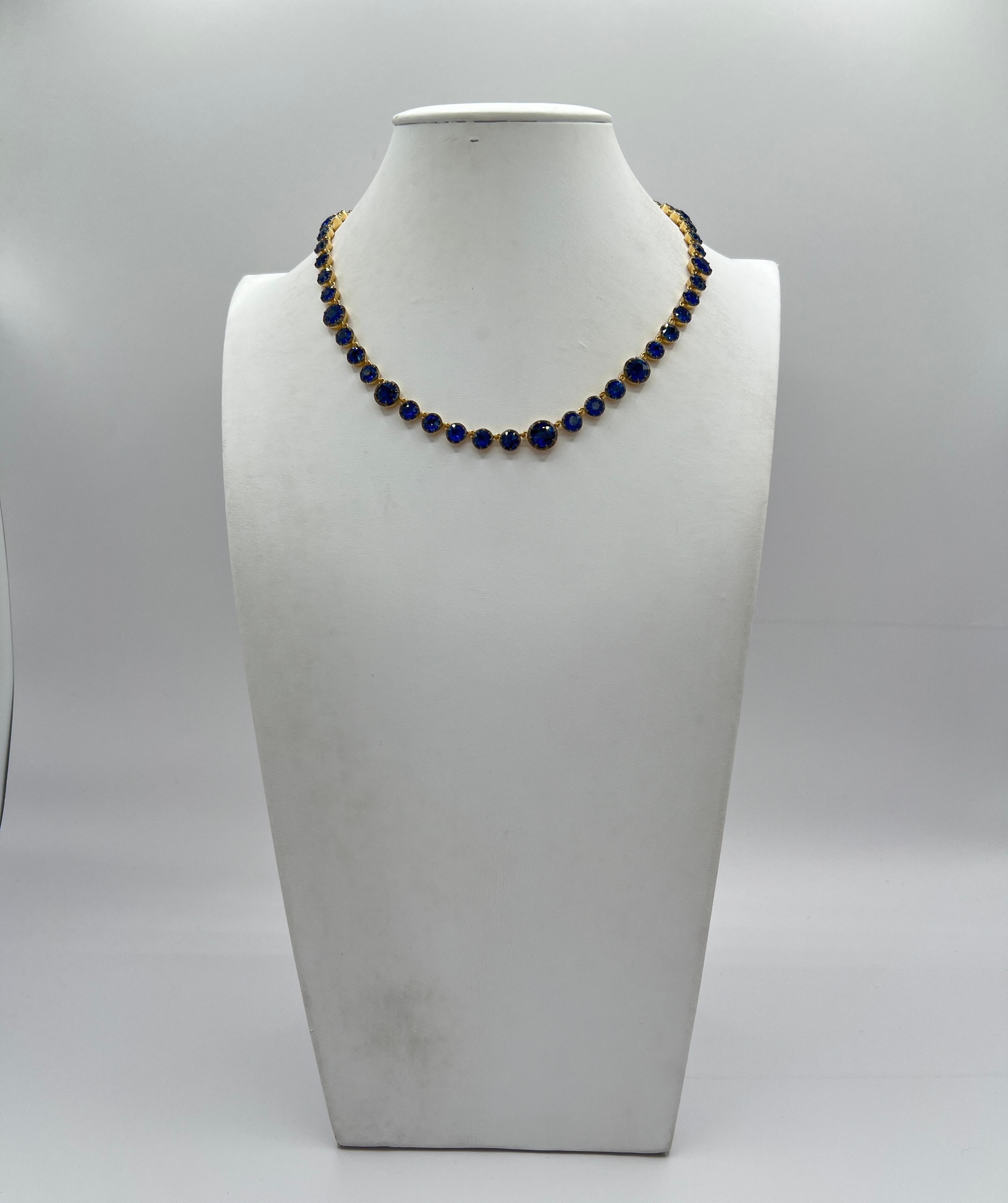Blue Sapphire Round Necklace in 18K Yellow Gold & Black Rhodium For Sale 1
