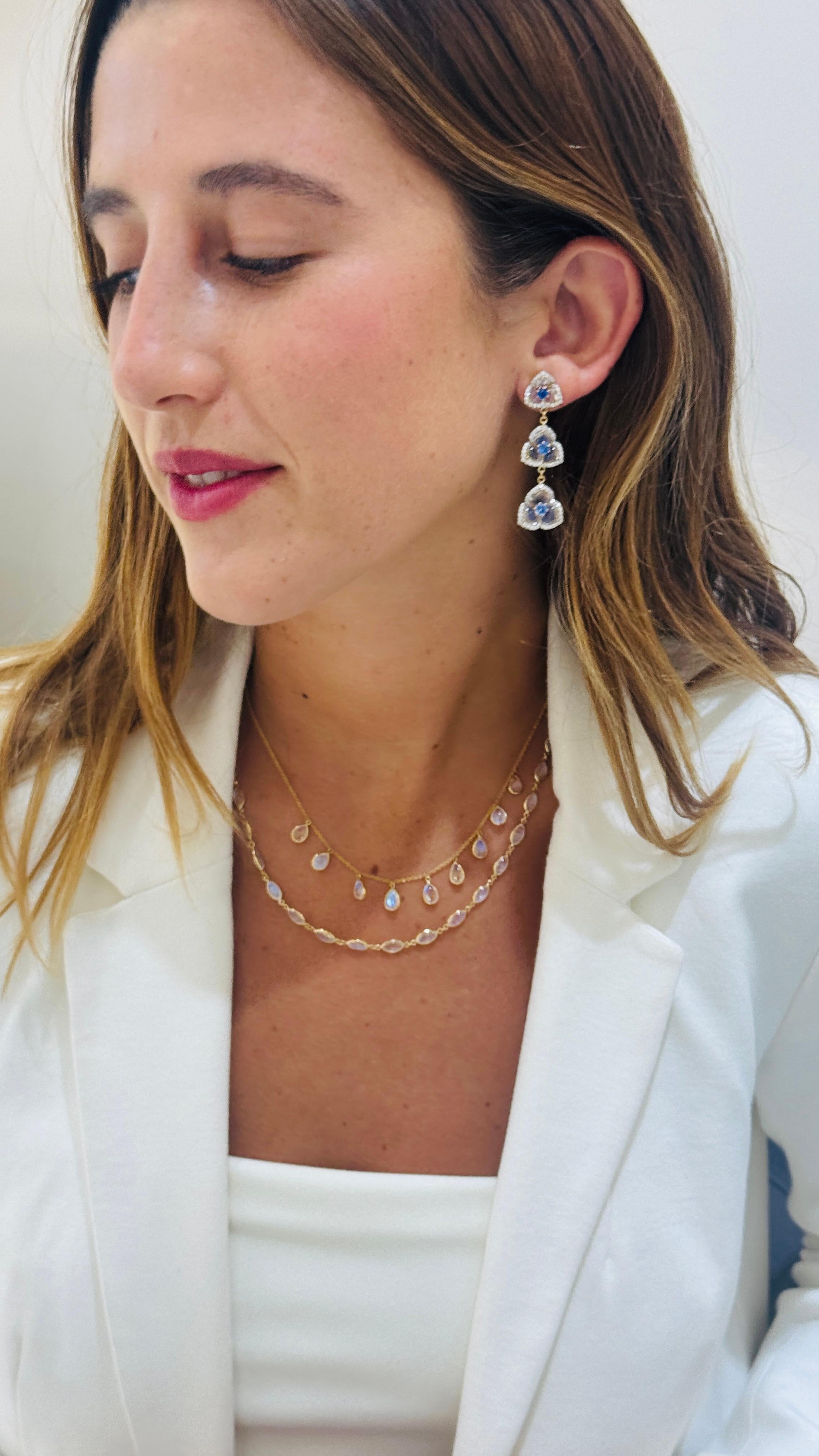Blue Sapphire Round, Rainbow Moonstone Tabiz Shape And Diamond Earring In 18K For Sale 1