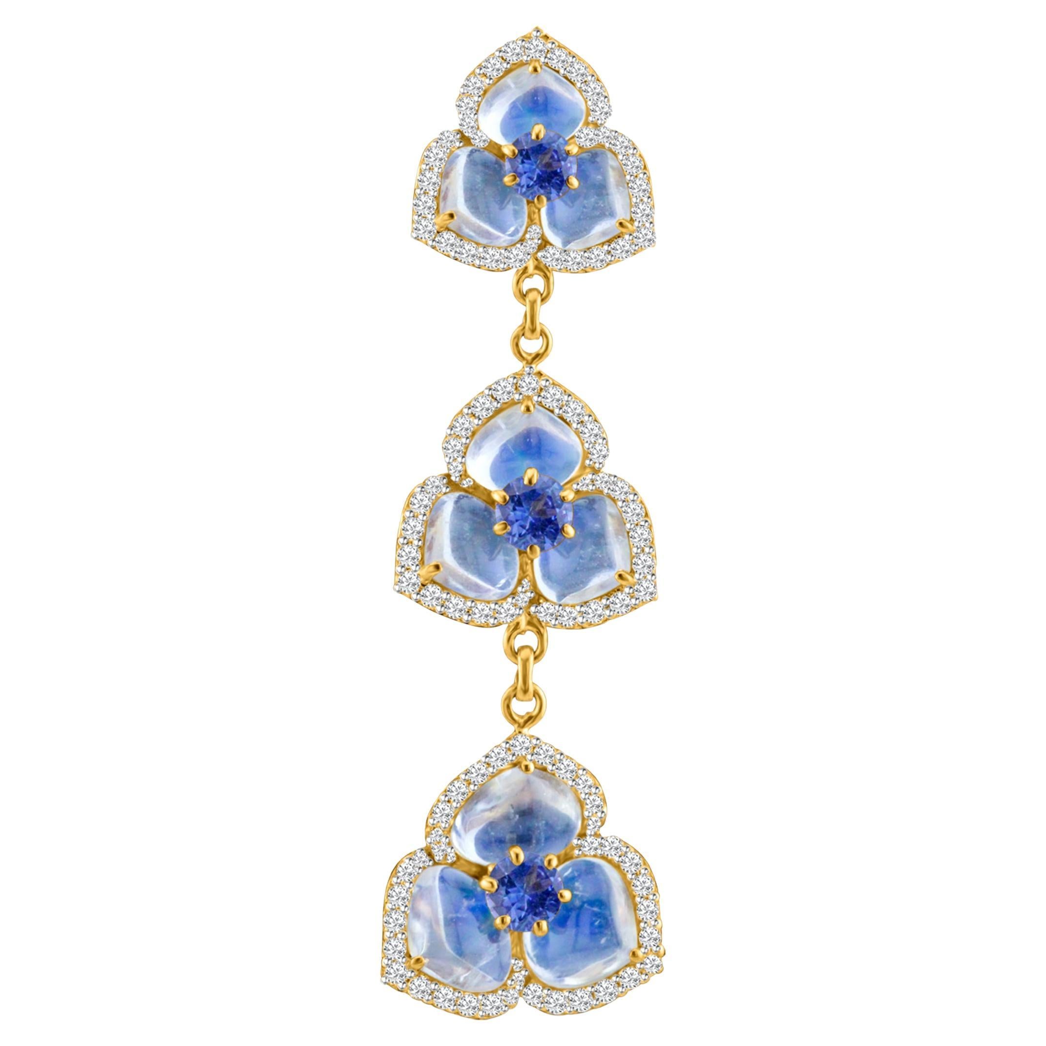 Blue Sapphire Round, Rainbow Moonstone Tabiz Shape And Diamond Earring In 18K For Sale