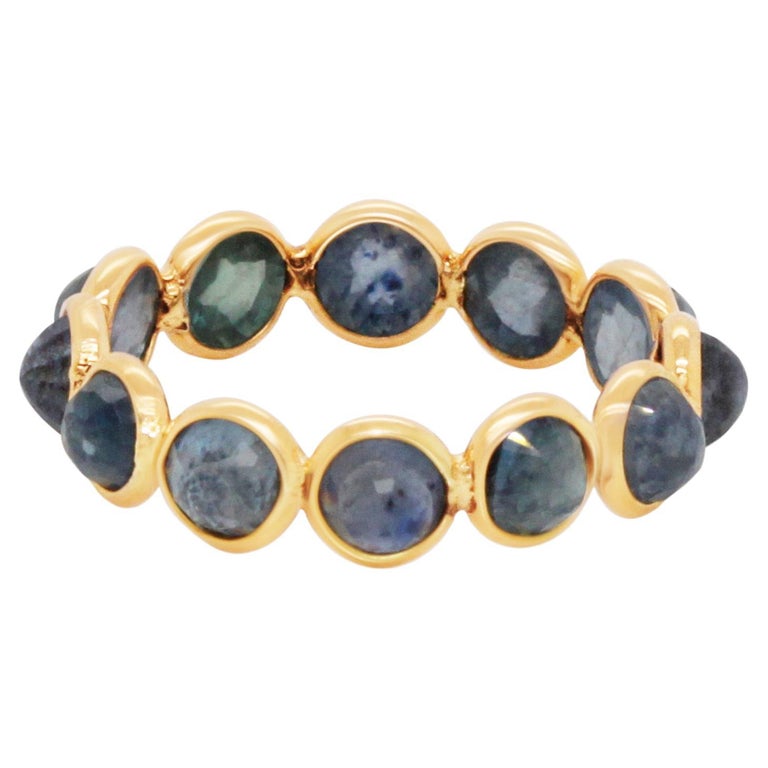 Blue Sapphire Round Ring Band in 18K Yellow Gold For Sale at 1stDibs
