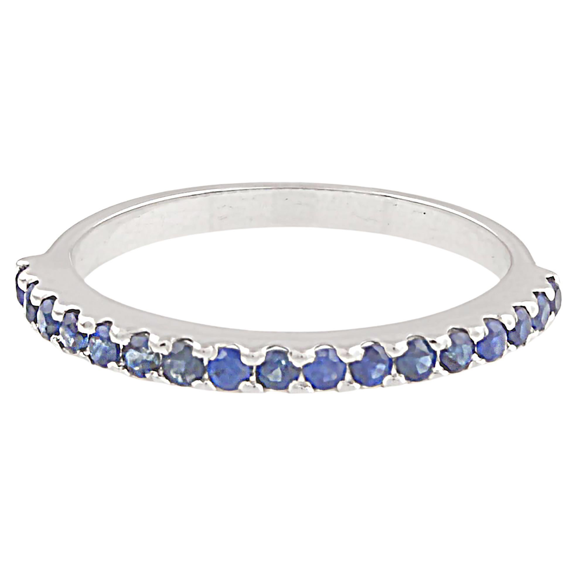 Blue Sapphire Round Ring In 18K White Gold For Sale