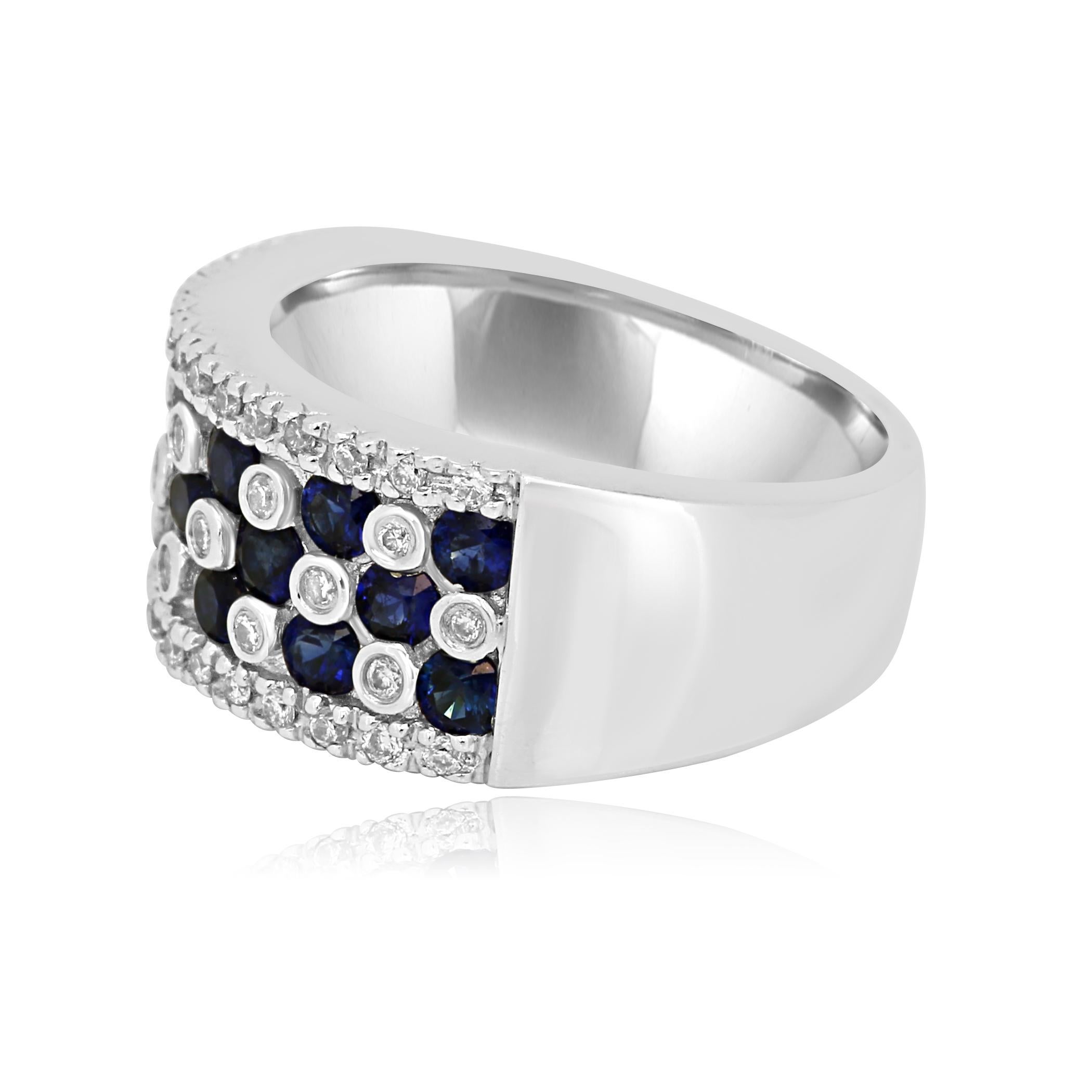 Contemporary Blue Sapphire Round White Diamond Cocktail Fashion Gold Band Ring