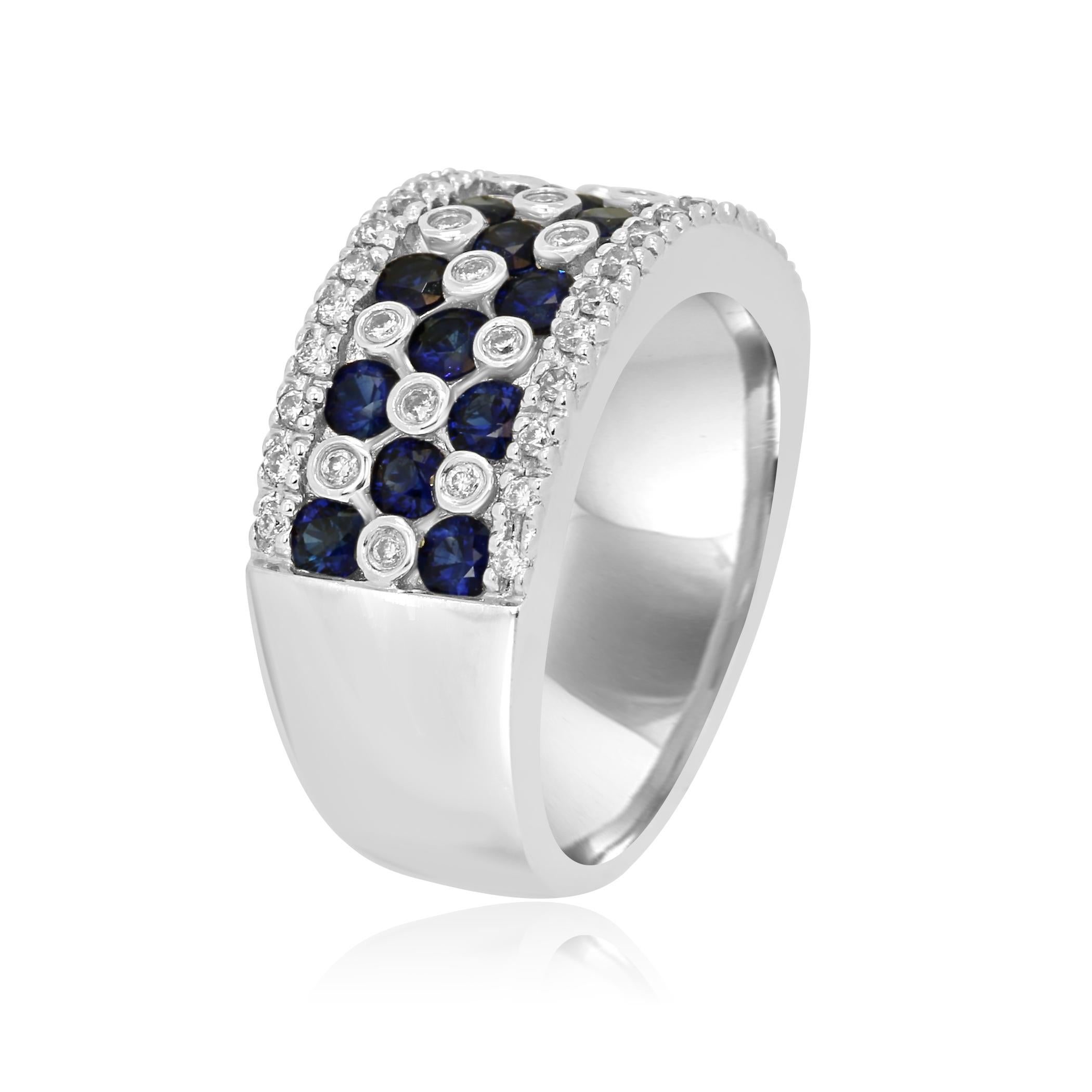 Round Cut Blue Sapphire Round White Diamond Cocktail Fashion Gold Band Ring