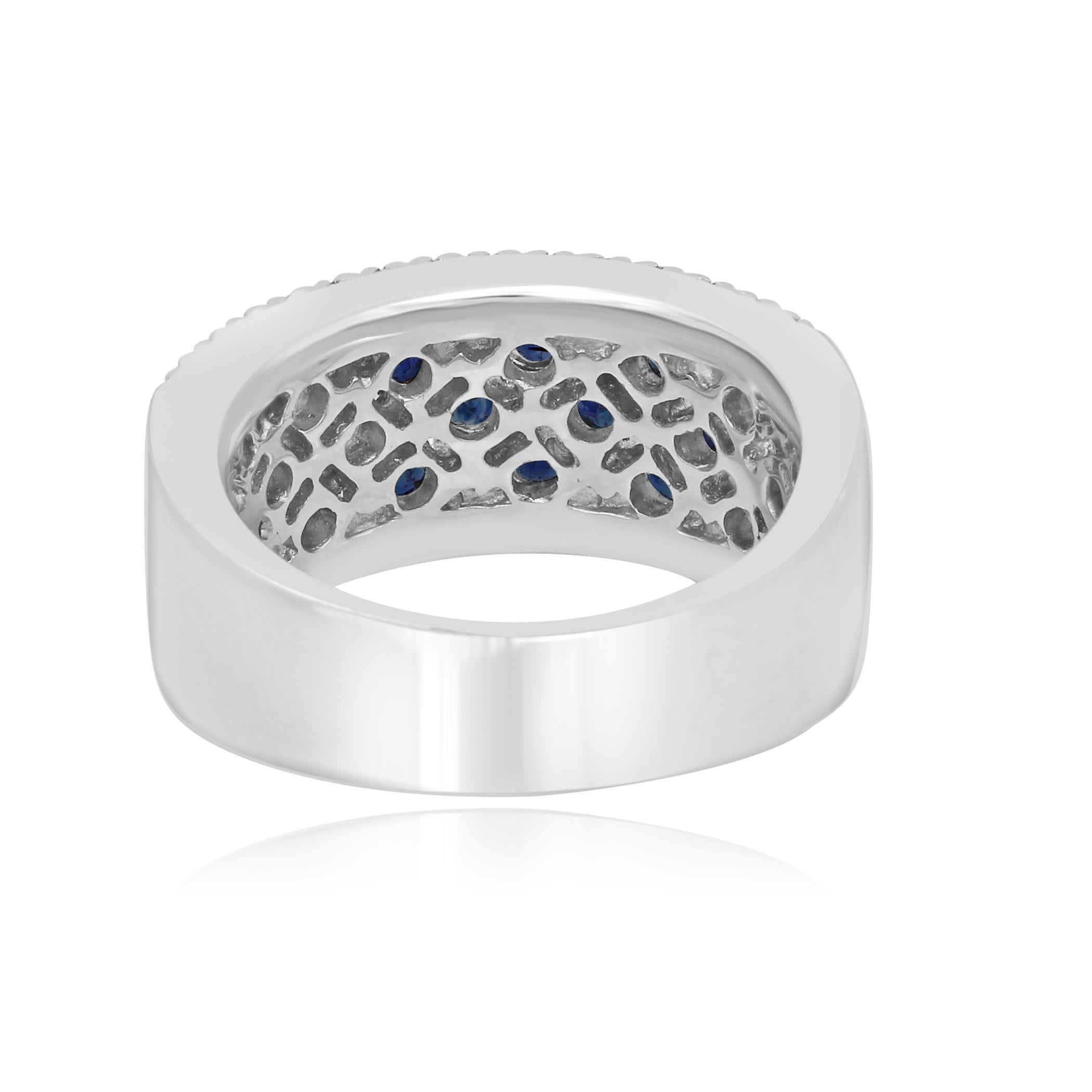 Women's or Men's Blue Sapphire Round White Diamond Cocktail Fashion Gold Band Ring