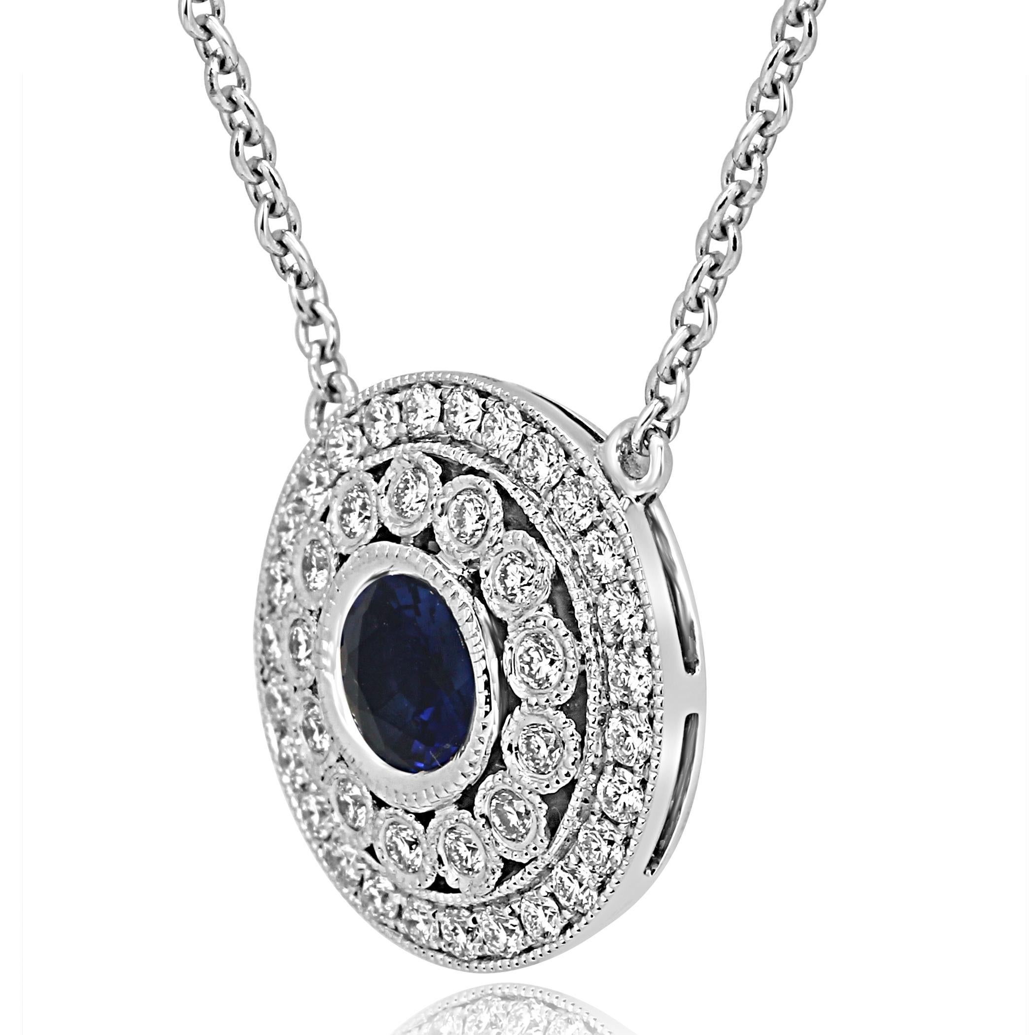 Contemporary Blue Sapphire Round White Diamond Double Halo Gold Pendant Necklace