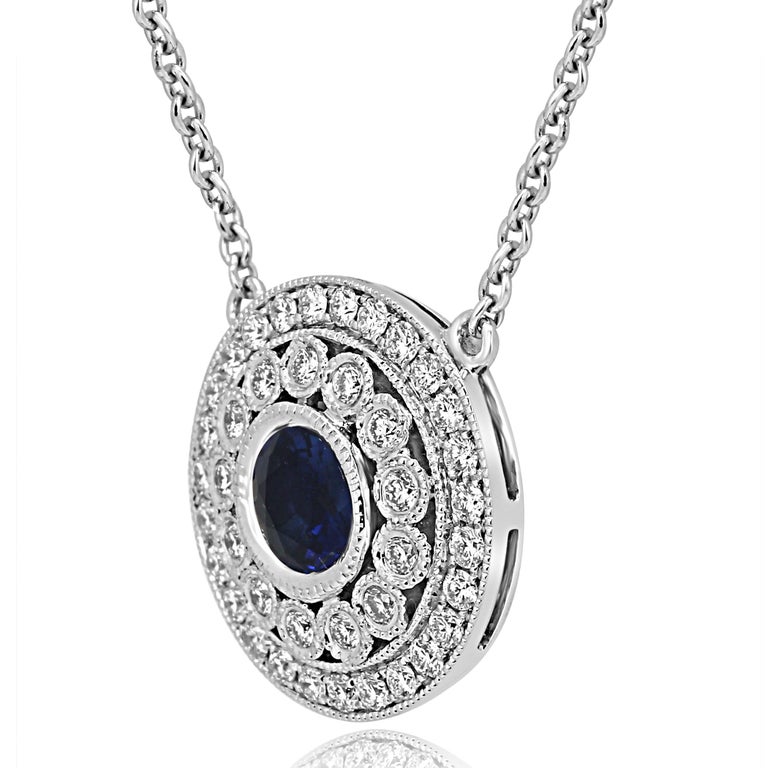 Blue Sapphire Round White Diamond Double Halo Gold Pendant Necklace For Sale at 1stdibs