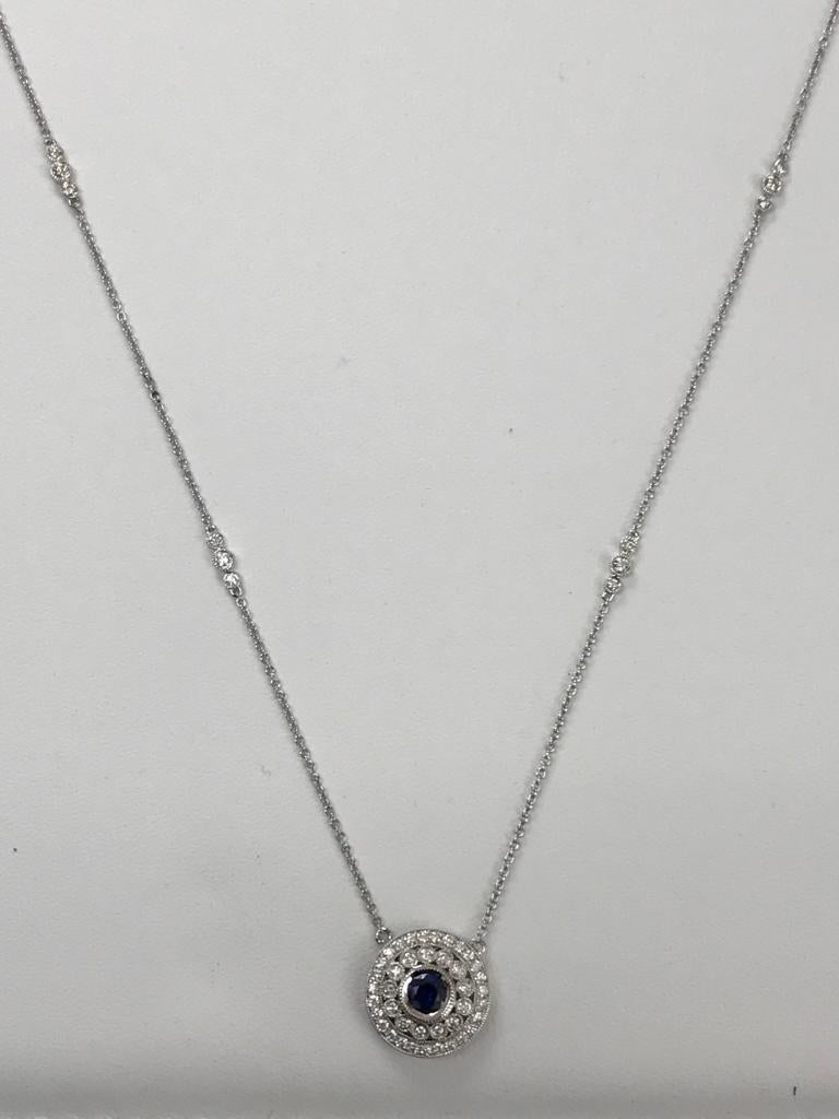 Blue Sapphire Round White Diamond Double Halo Gold Pendant Necklace In New Condition In NEW YORK, NY