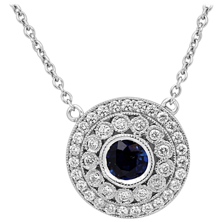 Blue Sapphire Round White Diamond Double Halo Gold Pendant Necklace at