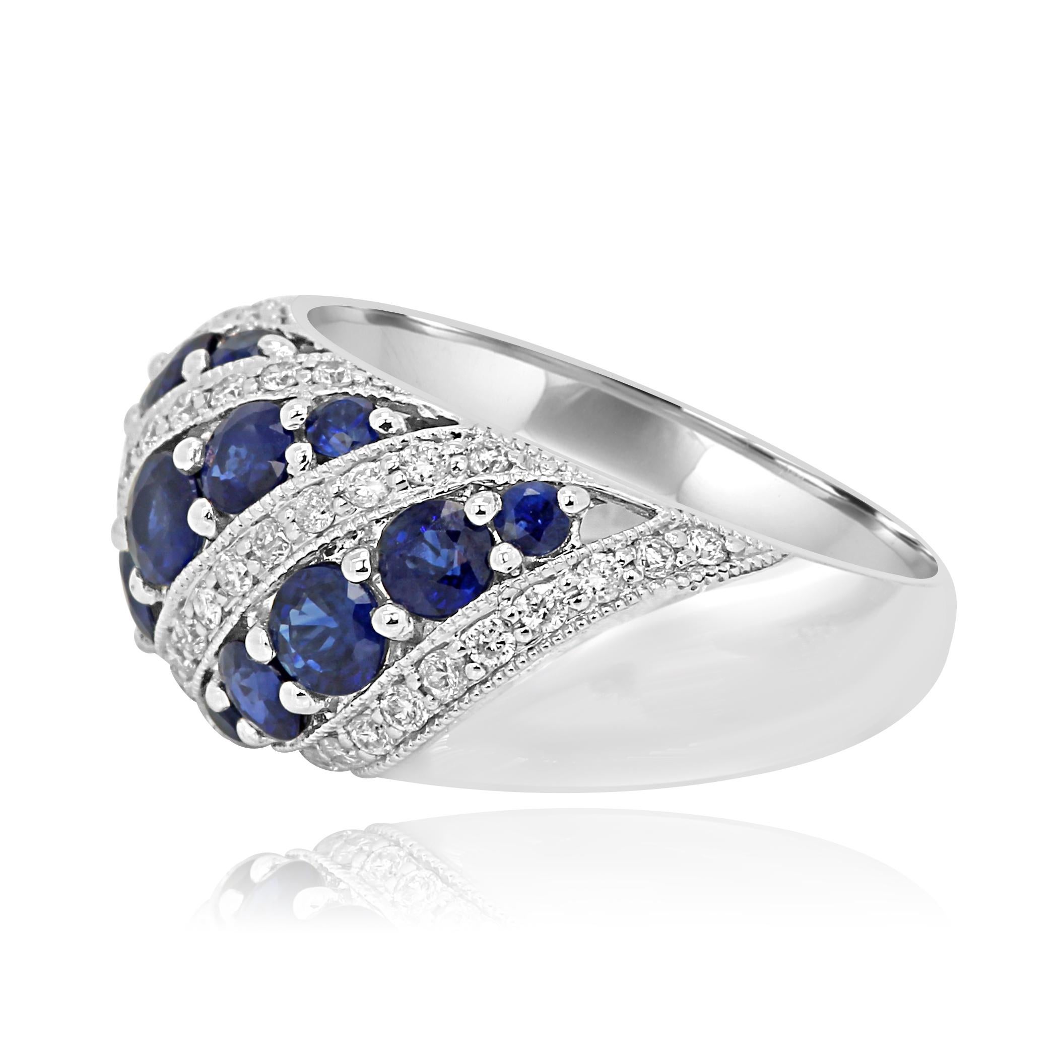 Contemporary Blue Sapphire Round White Diamond Fashion Cocktail Gold Dome Band Ring