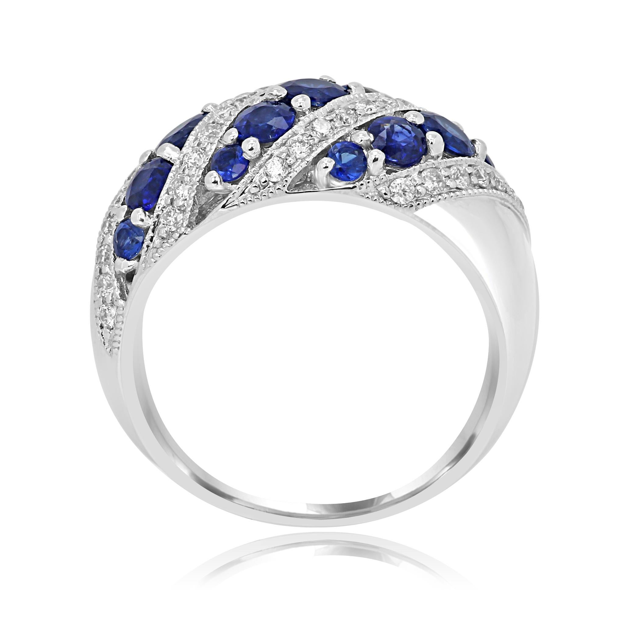Round Cut Blue Sapphire Round White Diamond Fashion Cocktail Gold Dome Band Ring