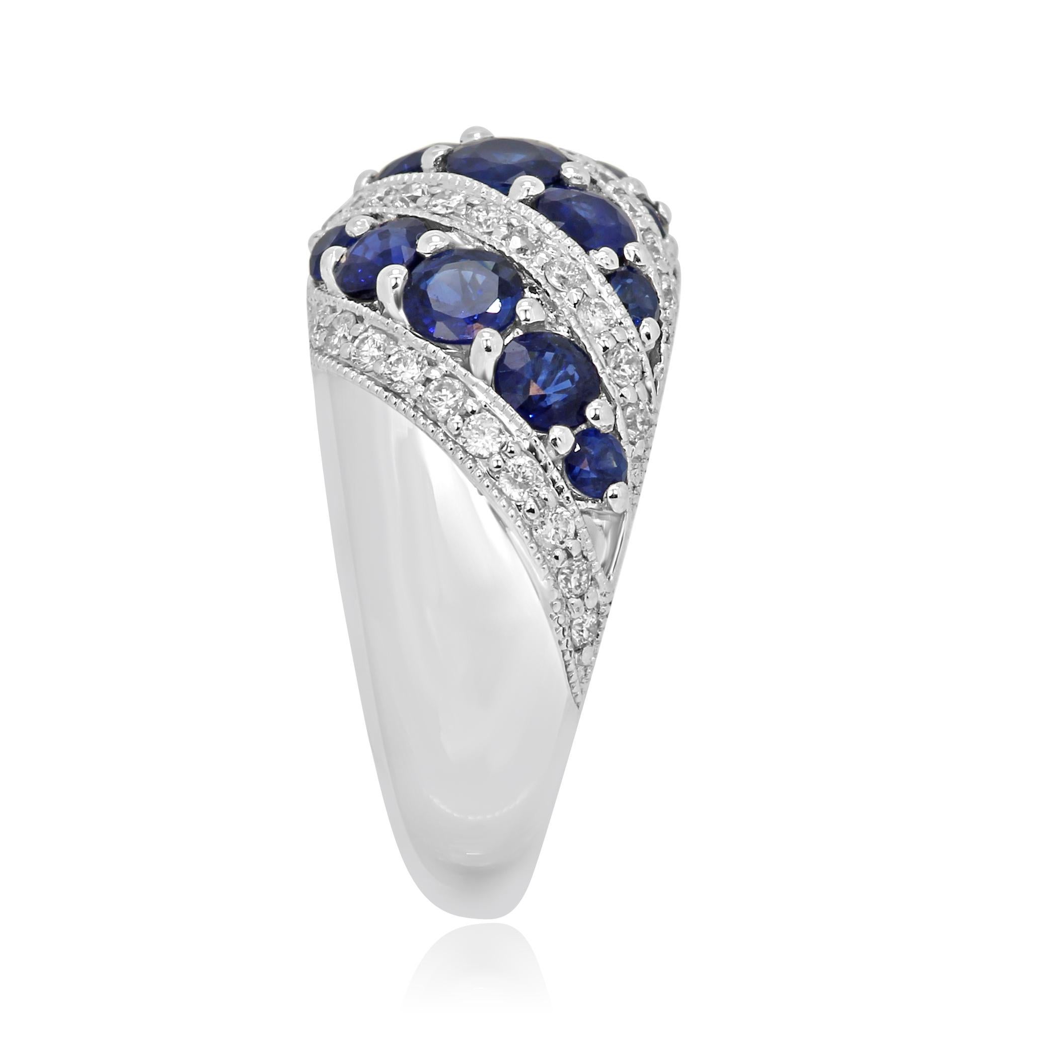 Blue Sapphire Round White Diamond Fashion Cocktail Gold Dome Band Ring In New Condition In NEW YORK, NY