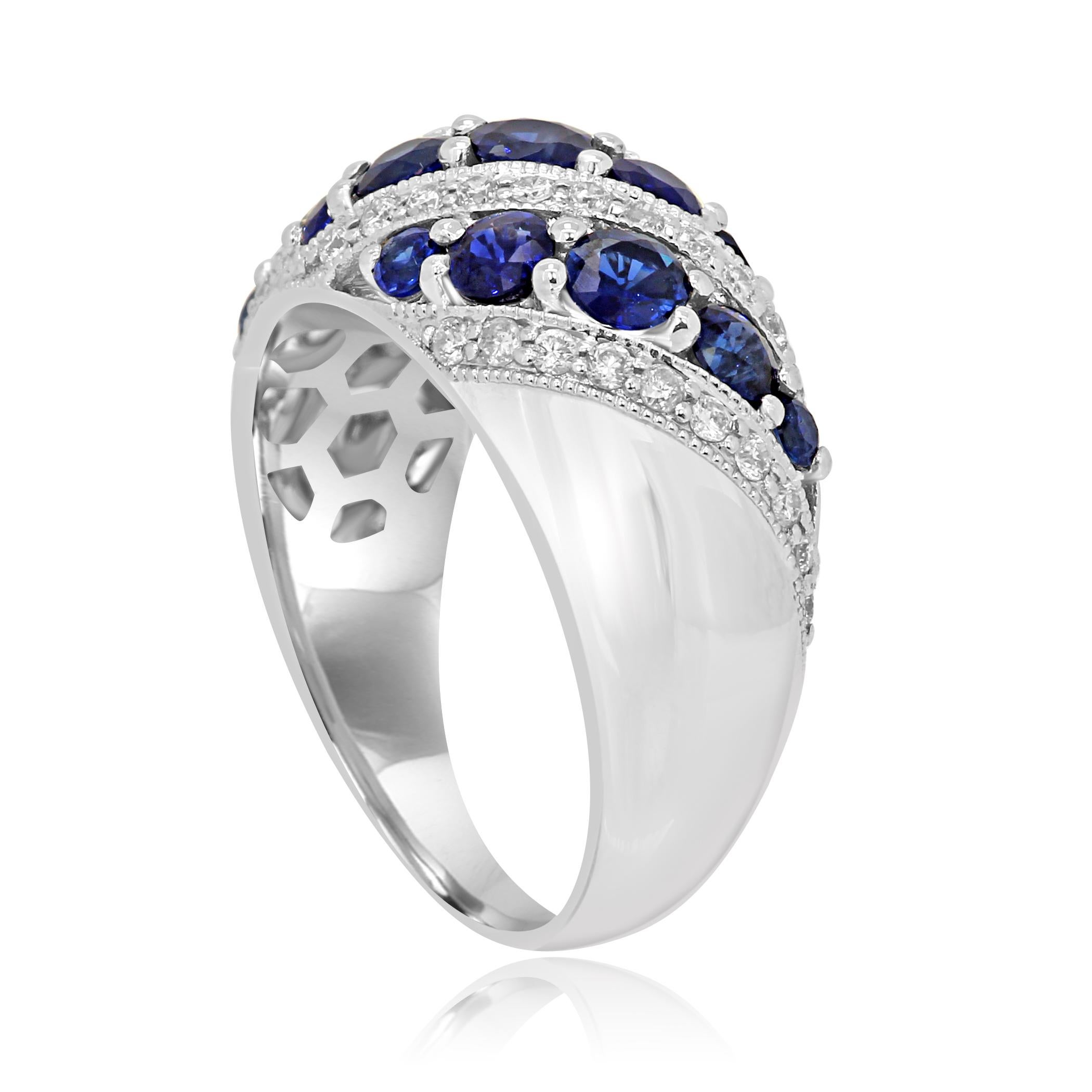 Women's or Men's Blue Sapphire Round White Diamond Fashion Cocktail Gold Dome Band Ring