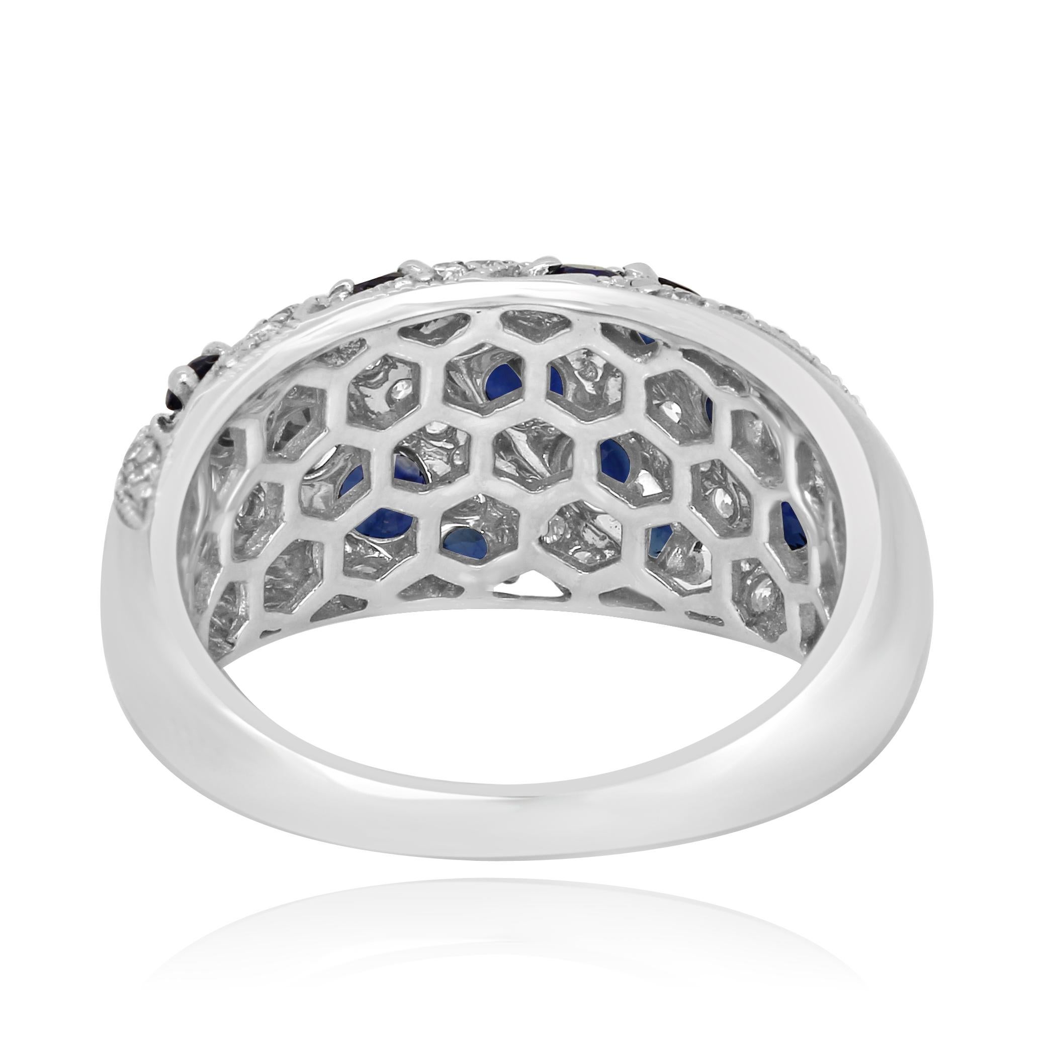 Blue Sapphire Round White Diamond Fashion Cocktail Gold Dome Band Ring 1