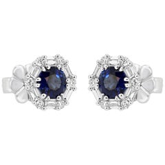 Blue Sapphire Round White Diamond Halo 14 Karat White Gold Fashion Stud Earring Blue Sapphire Round White Diamond Halo 14 Karat White Gold Fashion Stud Earring