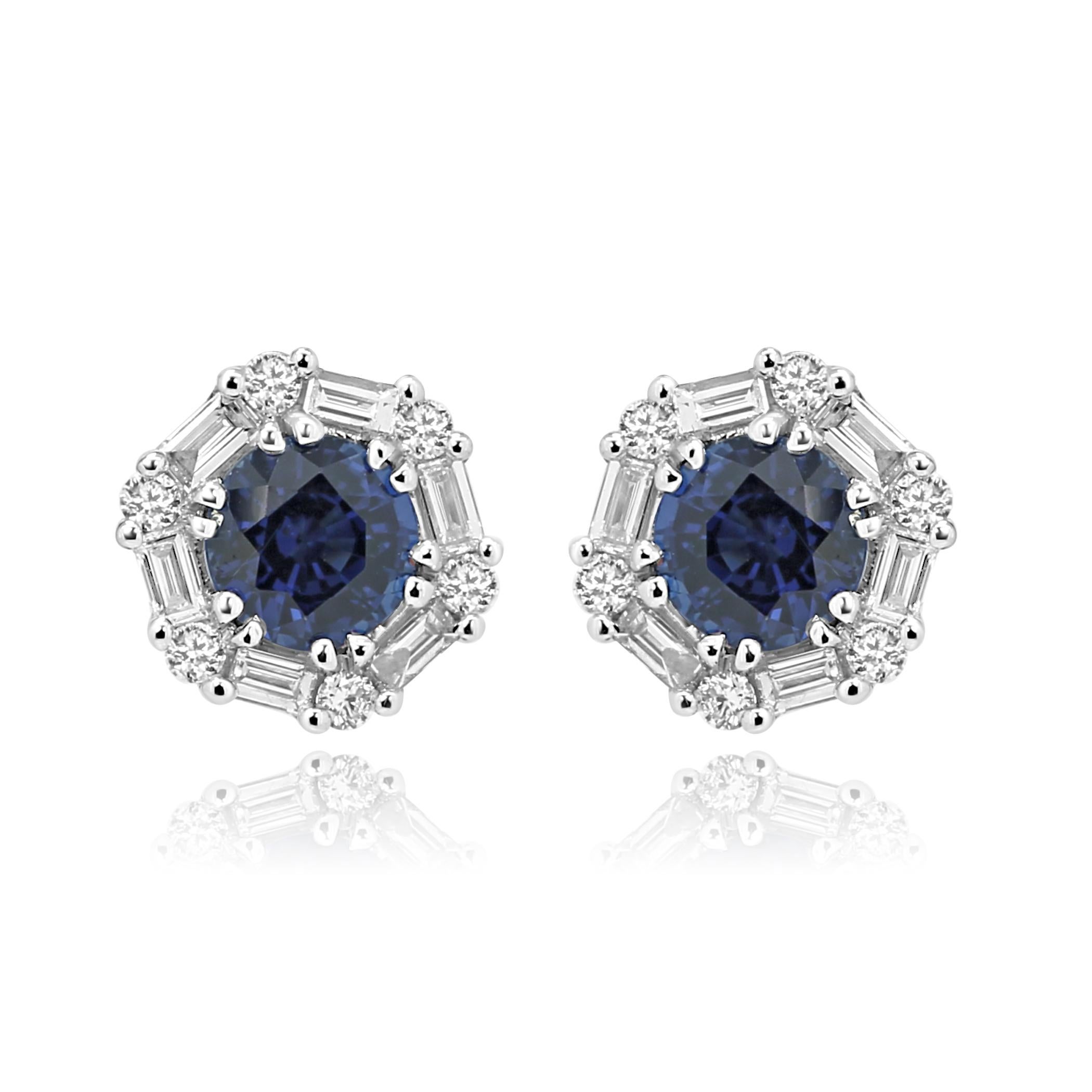 2 Blue Sapphire Round 1.14 Carat Encircled in a Halo White Diamond Round 0.15 Carat and White  Diamond Baguettes 0.25 Carat in 14K White Gold Gorgeous Earring.

Center Blue Sapphire Weight 1.14 Carat
Total Weight 1.54 Carat

Style available in