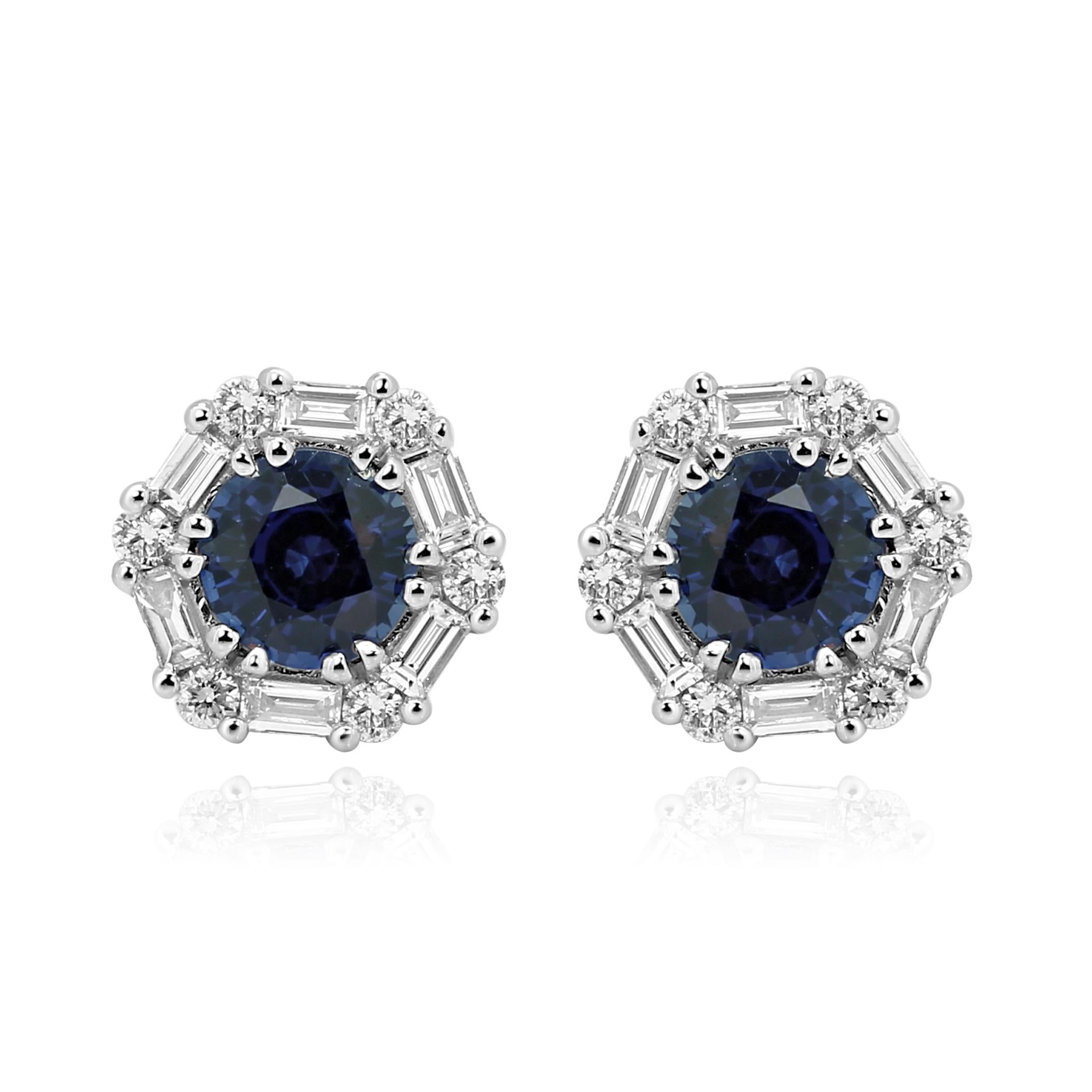 Contemporary Blue Sapphire Round White Diamond Halo 14 Karat White Gold Fashion Stud Earring