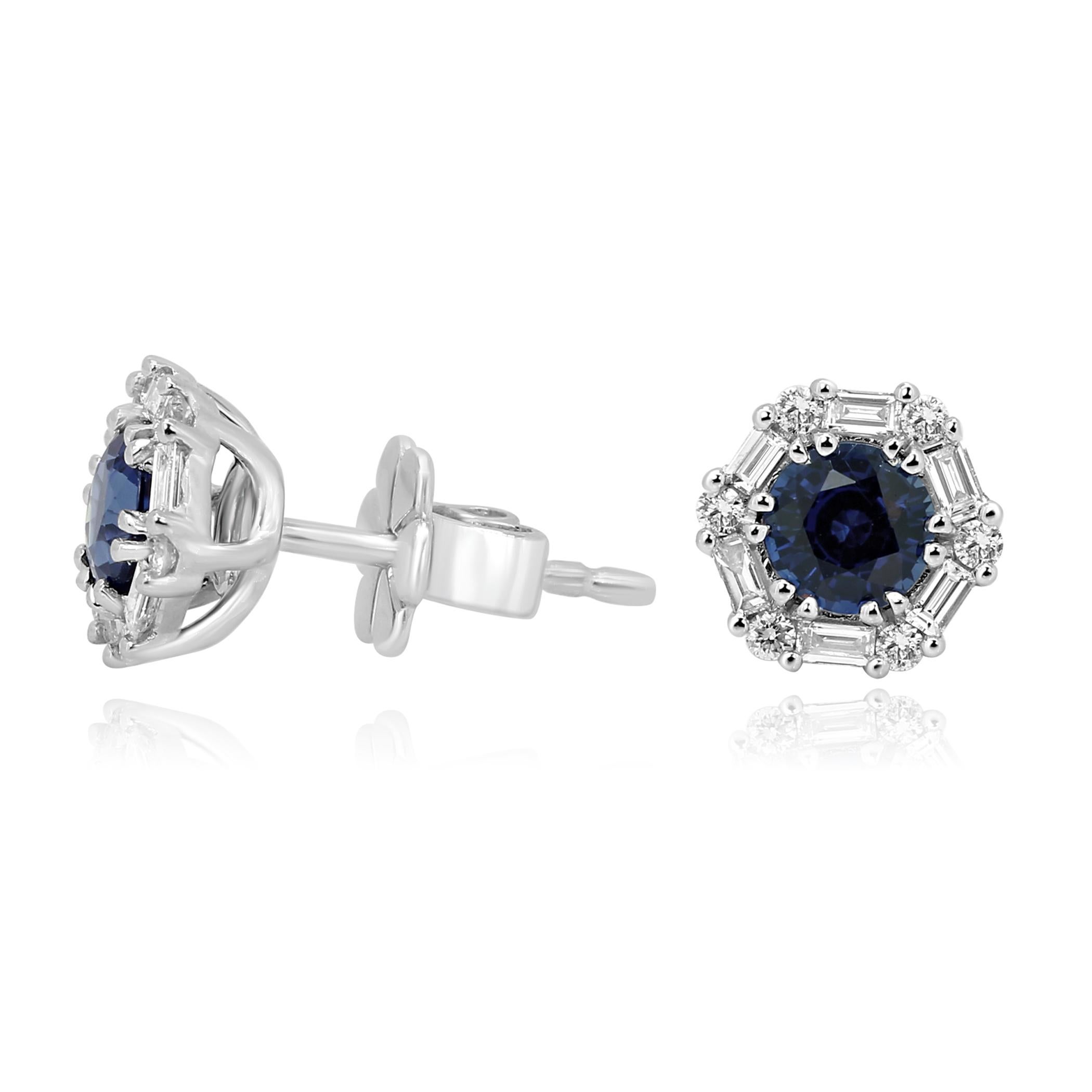 Round Cut Blue Sapphire Round White Diamond Halo 14 Karat White Gold Fashion Stud Earring