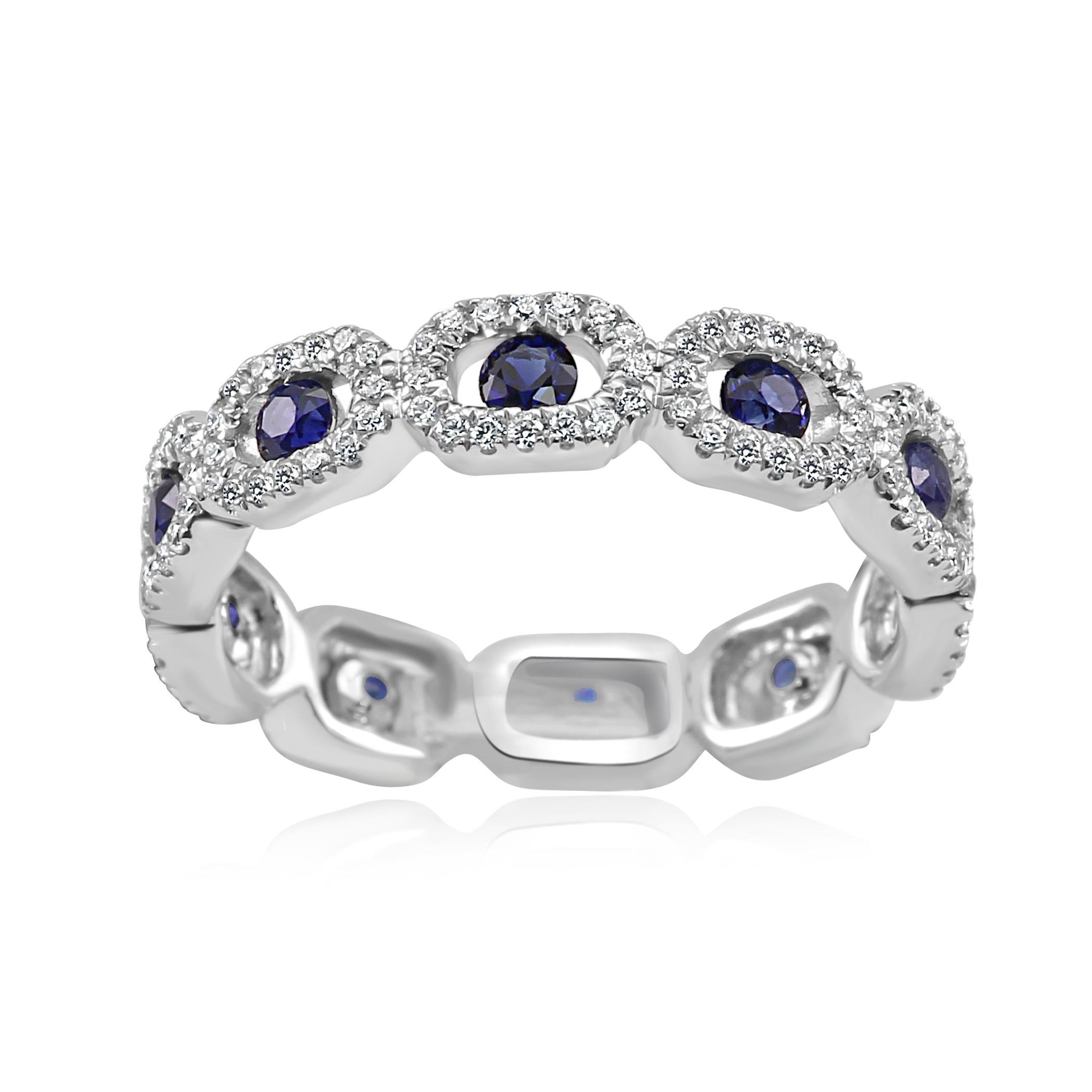 10 Blue Sapphire Round 0.65 Carat, set in single Halo of 160 White Colorless G-H Color SI clarity Diamond Rounds 0.45 Carta set in 14K White Gold Eternity Fashion Cocktail Band Ring.

Total Stone Weight 1.00 Carat

Style available in different price