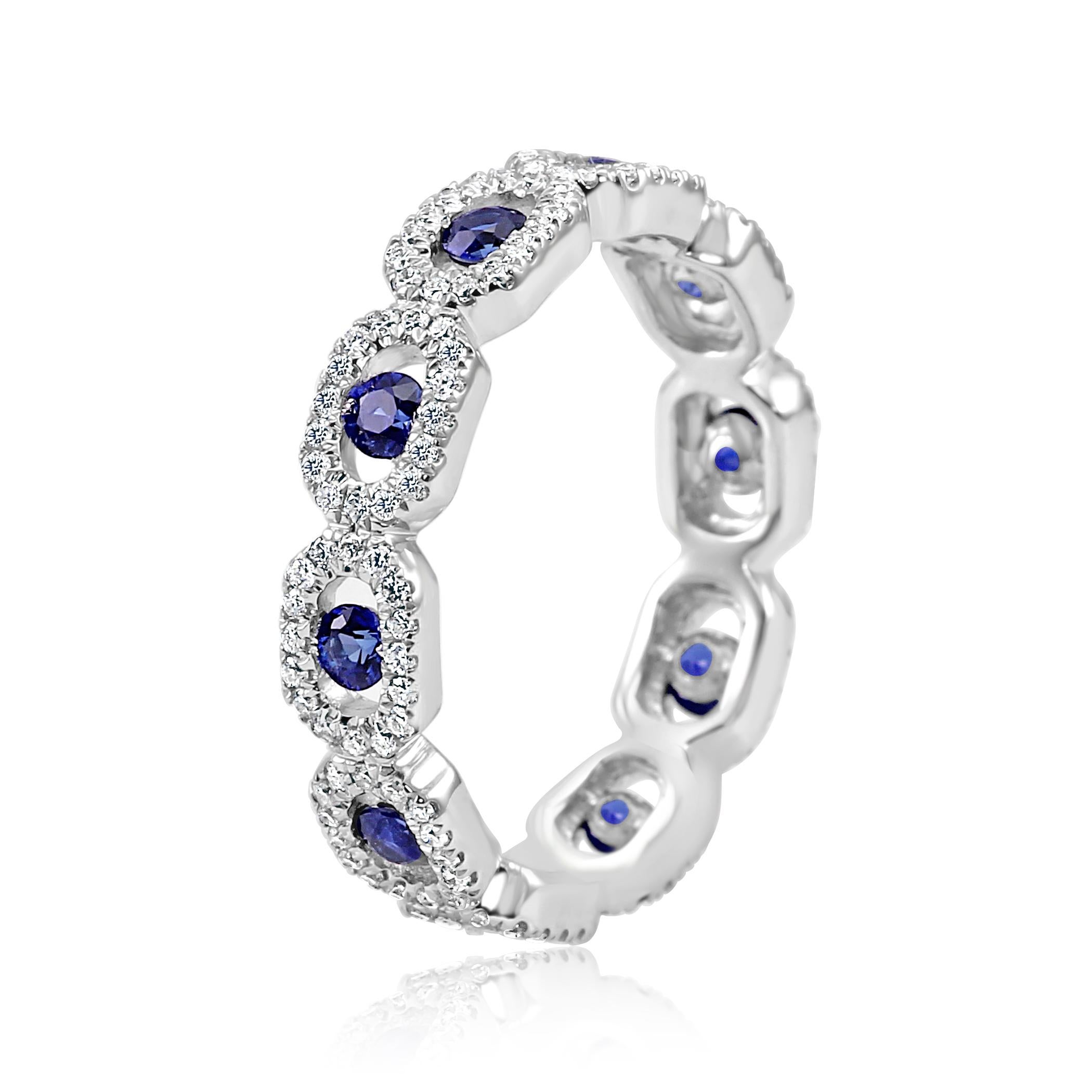 Modern Blue Sapphire Round White Diamond Halo Eternity Cocktail Fashion Band Gold Ring